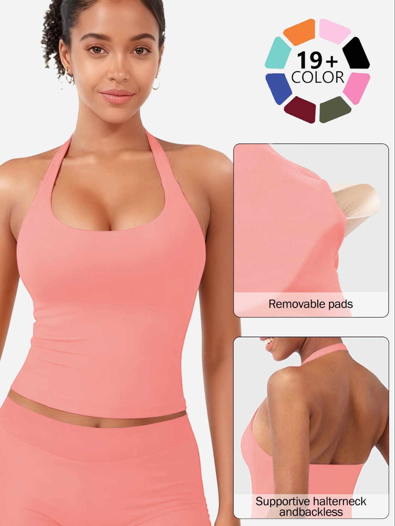 Women's Solid Removable Chest Pad Sports Tank Top, Casual Comfort and Durability Halter Neck Sports Top for Yoga Gym Workout, Ladies Sportswear for All Seasons, Backless Sports Vest, Hollow Back Activewear