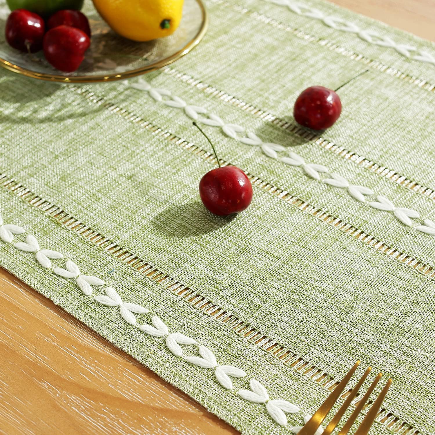 Rustic Farmhouse Style Linen Table Runner, Boho Handmade Tassel Embroidered, 48 Inches Long, Holiday Party, Christmas, Dining Decorations
