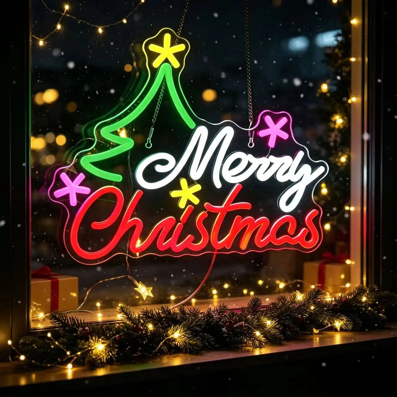 Merry Christmas Acrylic Neon Light, Hanging LED Night Lamp, Bedroom Hostel Window Party Store Christmas Wall Desk Atmosphere Decor Light
