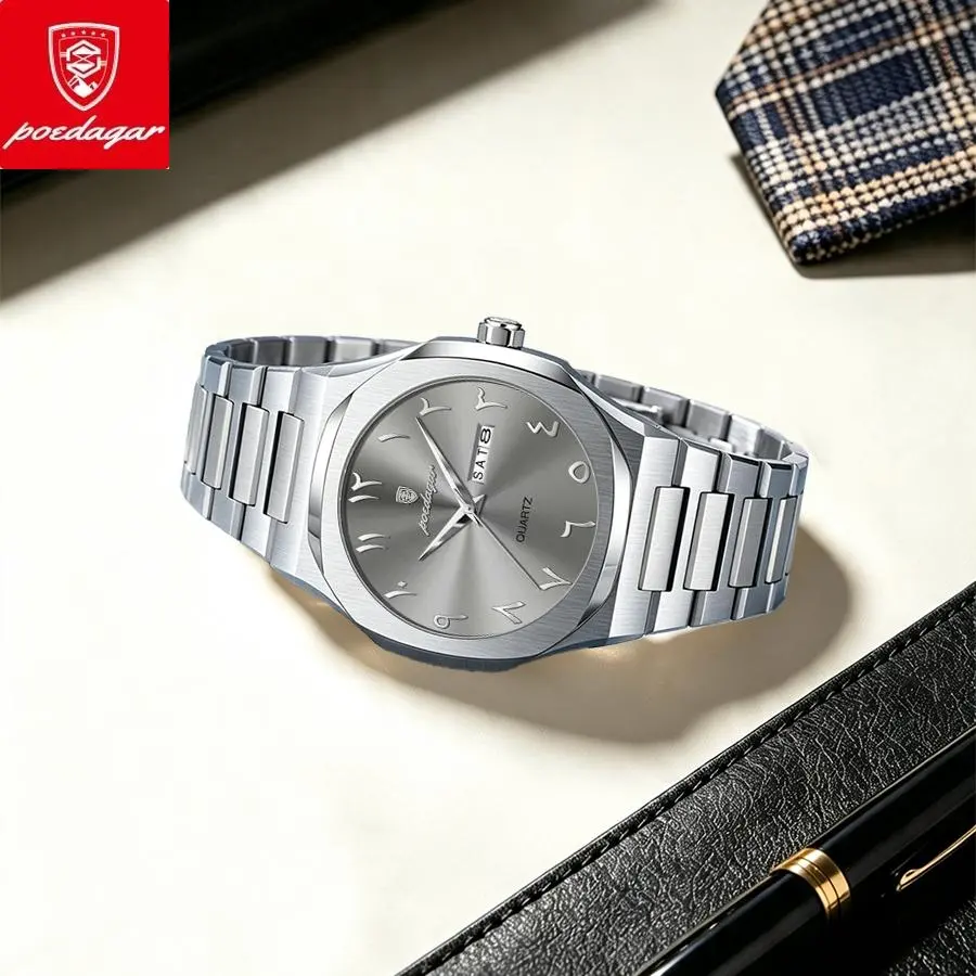 Poedagar Men's Stylish Analog Alloy Rectangle Watch - 40mm, 30M - 50M Waterproof, Luminous, Auto Date, Quartz Stainless Steel, Mineral Glass, Buckle Closure Fashion Watch