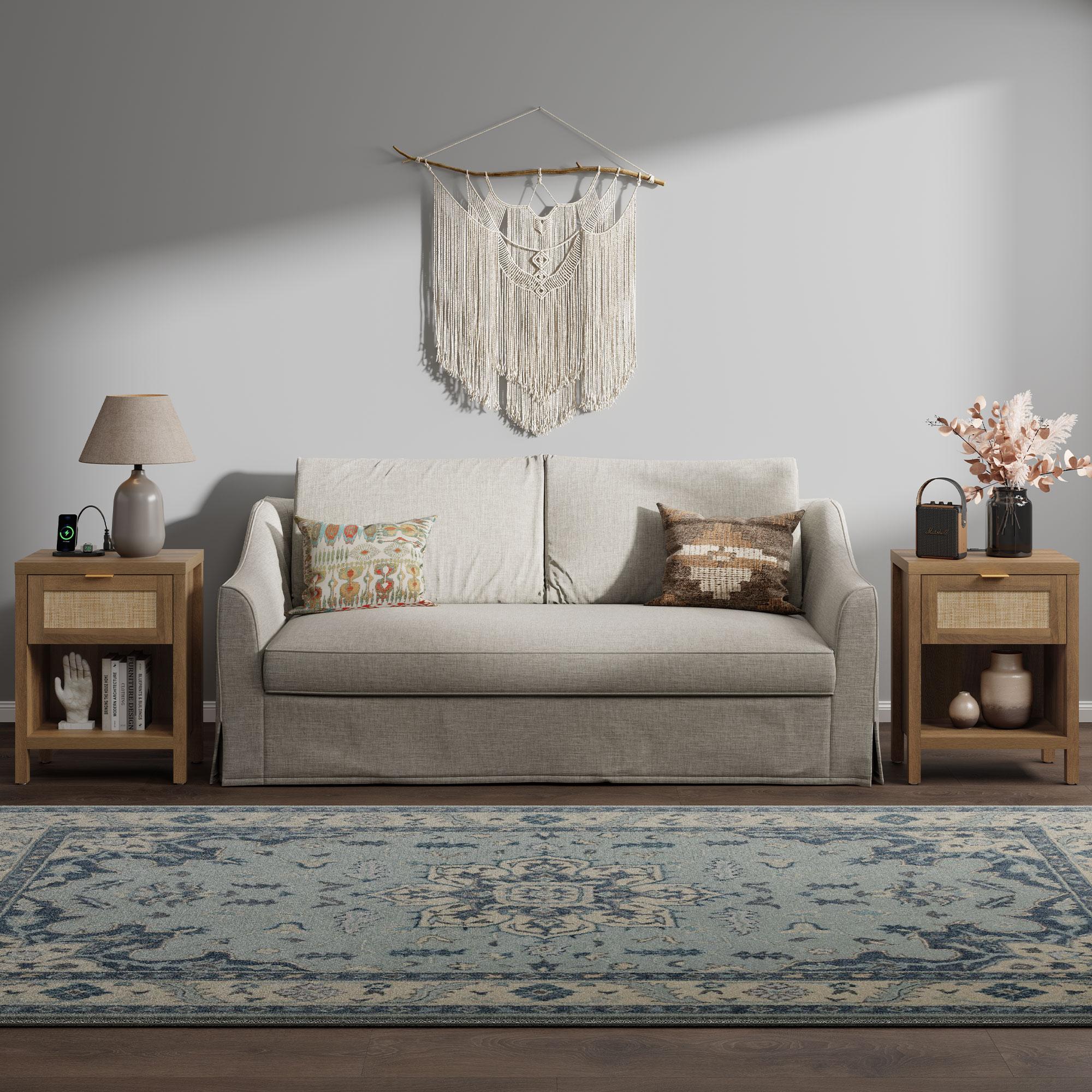 SICOTAS Rattan Nightstand Set of 2, 15"x 19.7"x 25.2" Size Farmhouse Night Stands with Charging Station Bedside Table with Drawer, Boho Bed Side End Table with USB and Type-C Ports for Small Space Bedroom Living Room, Easy Charging