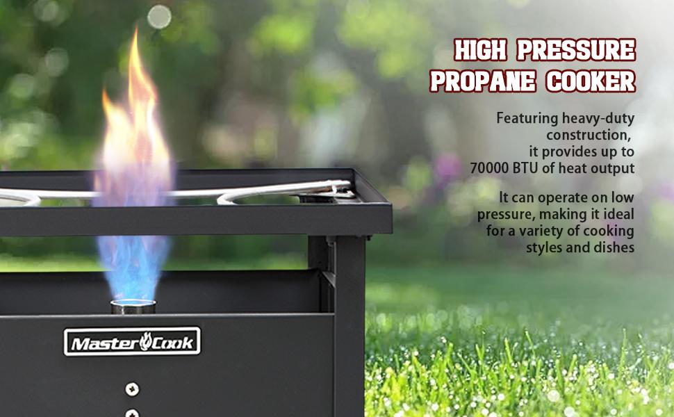 MASTER COOK 70000 BTU Propane Burner, Outdoor Camp Stove Adjustable 0-5 Psi Regulator with 1-Meter Safety Hose, Suitable for Camping, Backyard and Picnic, Stainless Steel