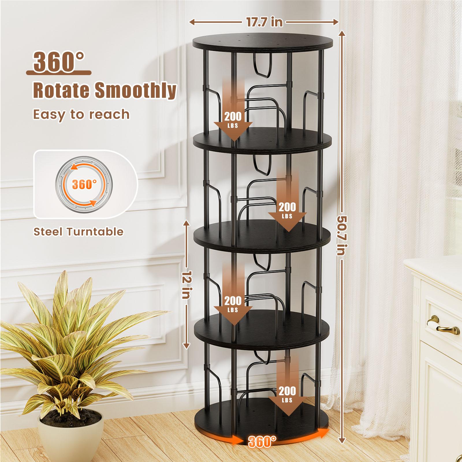 Flycity Rotating Bookshelf,3 Tier - 5 Tier Spinning Bookshelf Tower,360° Display Floating Shelves,Floor Standing Corner Racks Furniture Storage Organizer Design Round Modern floating shelves Adjustable Height Chair