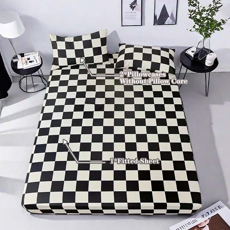Black & White Checkerboard Premium Polyester Bedding Set, Checkered Geometric Pattern, Includes 1 Fitted Sheet and 2 Pillowcases, No Insert Durable Comfort Design, Modern Style Perfect Gift