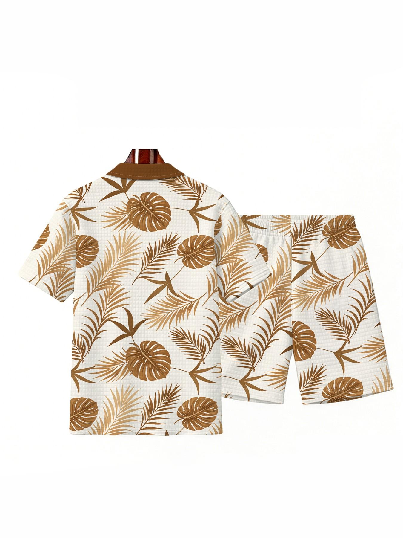 Men's Tropical Plant Leaf Jumper Polo Set, Large Size Zipper Design, Summer Casual Breathable Beach Wear