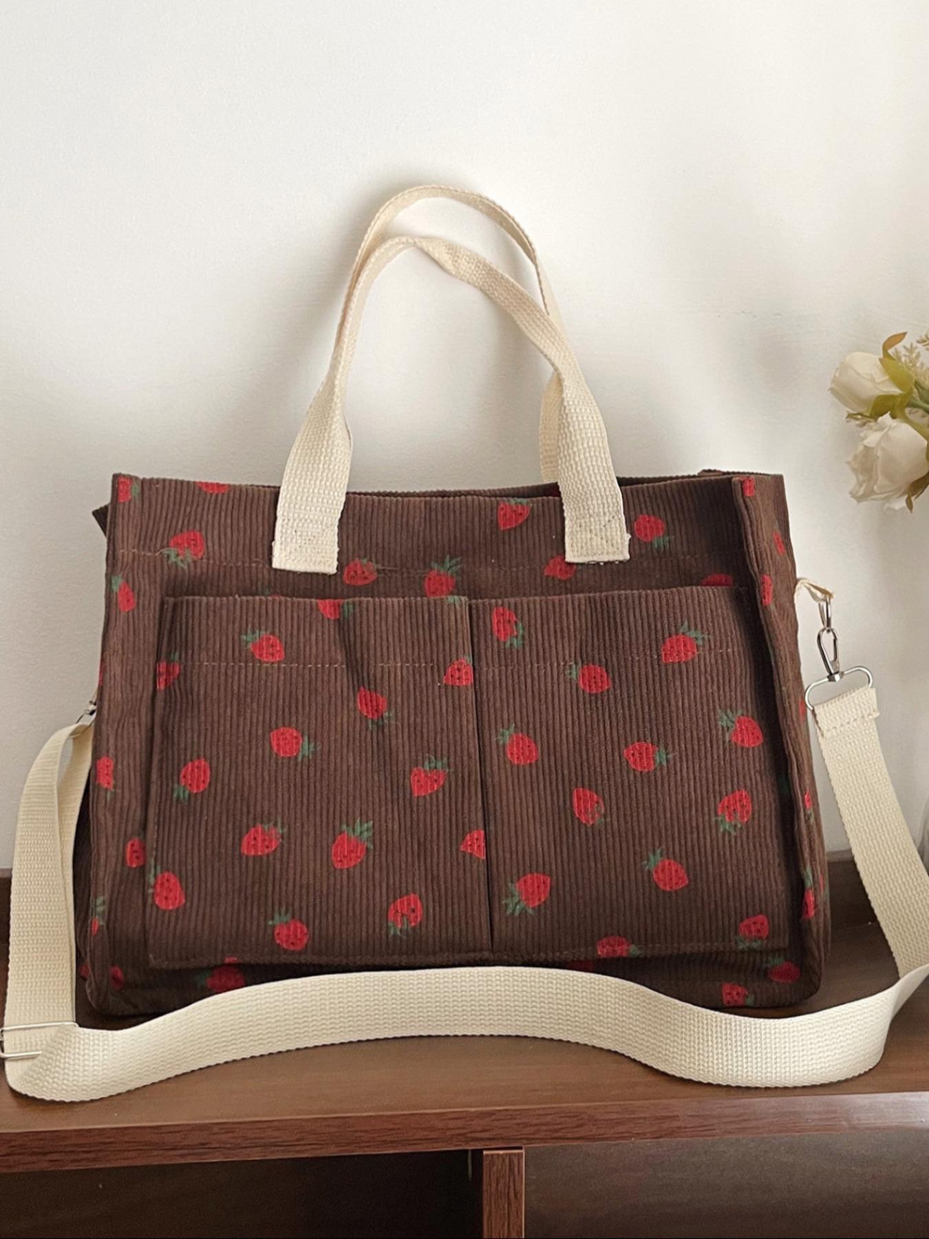 Stylish Strawberry Print Crossbody Shoulder Bag, Large Capacity Multi-Pocket Design, Perfect for Daily Commute & Shopping Needs, Floral Embossed Satchel