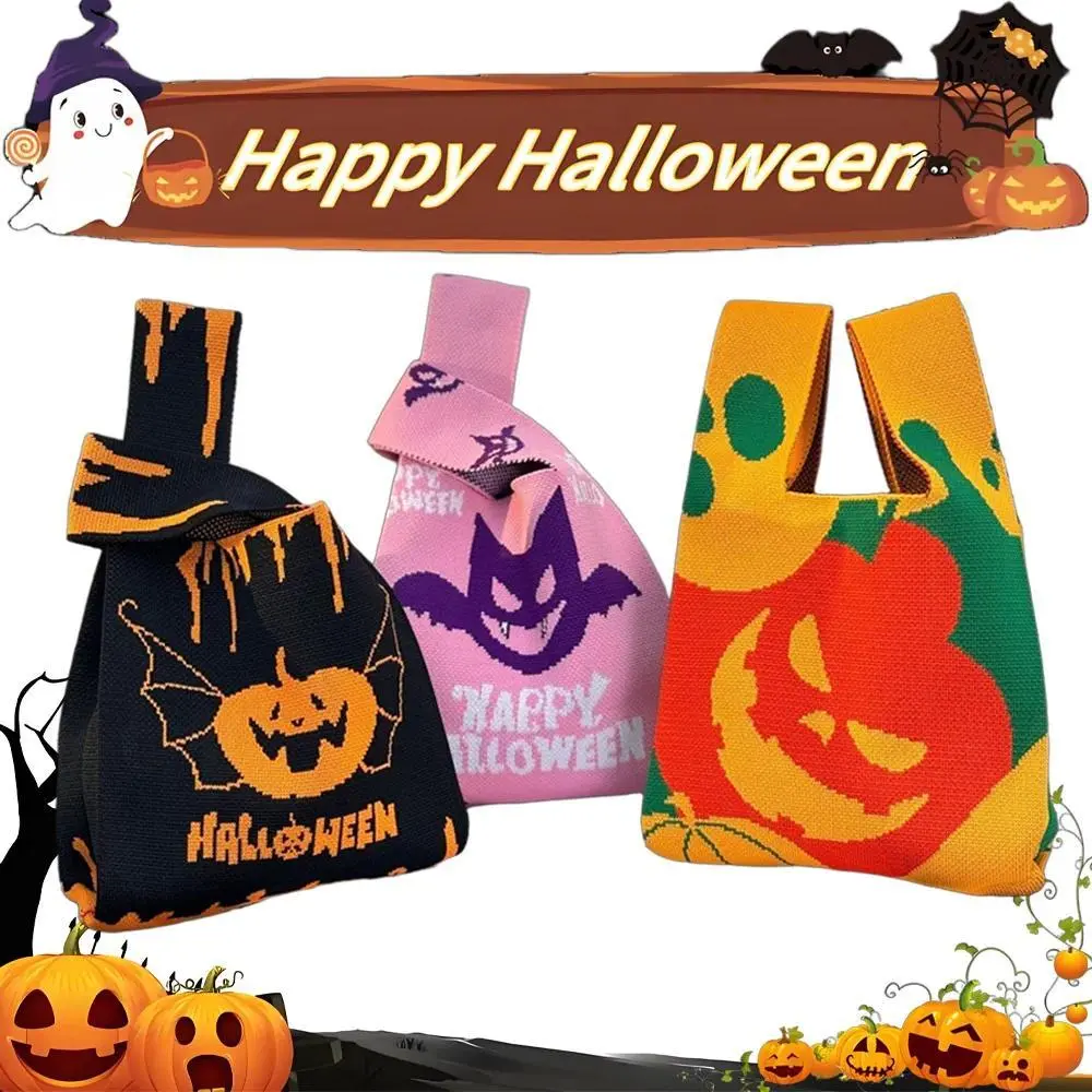 Halloween Knit Candy Bag Portable Gift Handbag Cute Candy Collection Bag Trick or Treat Goodies Bag Party Favors Supplies