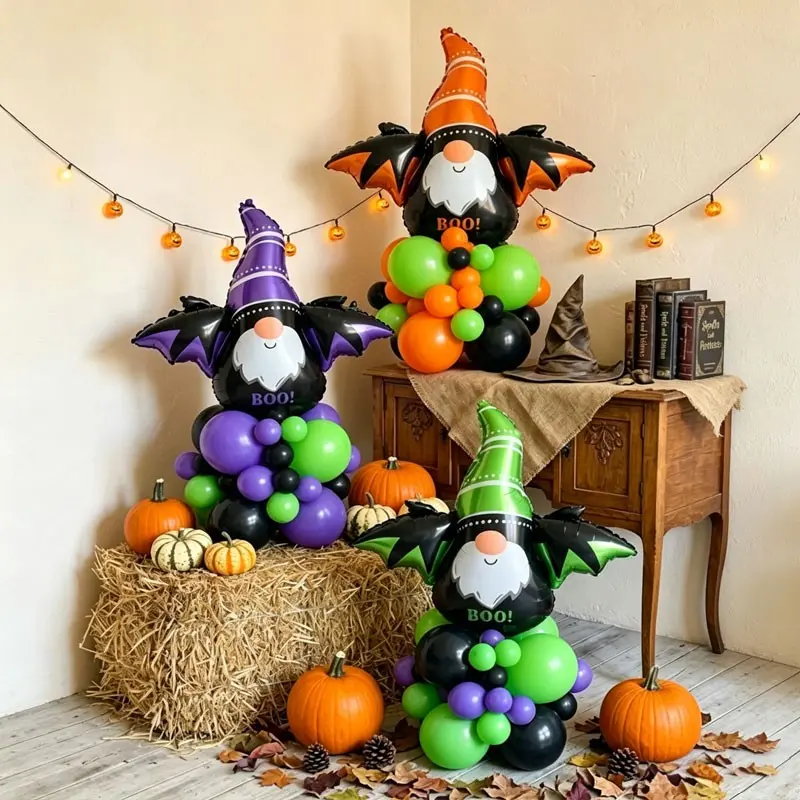 90pcs/31pcs Halloween Bat Fairy Balloon Column Set，Featuring the word BOO! paired with bat-wing shapes, available in three colors: orange, purple, green，Suitable for Halloween parties，indoor/outdoor decorations，Community Halloween Carnival，Trick or treat