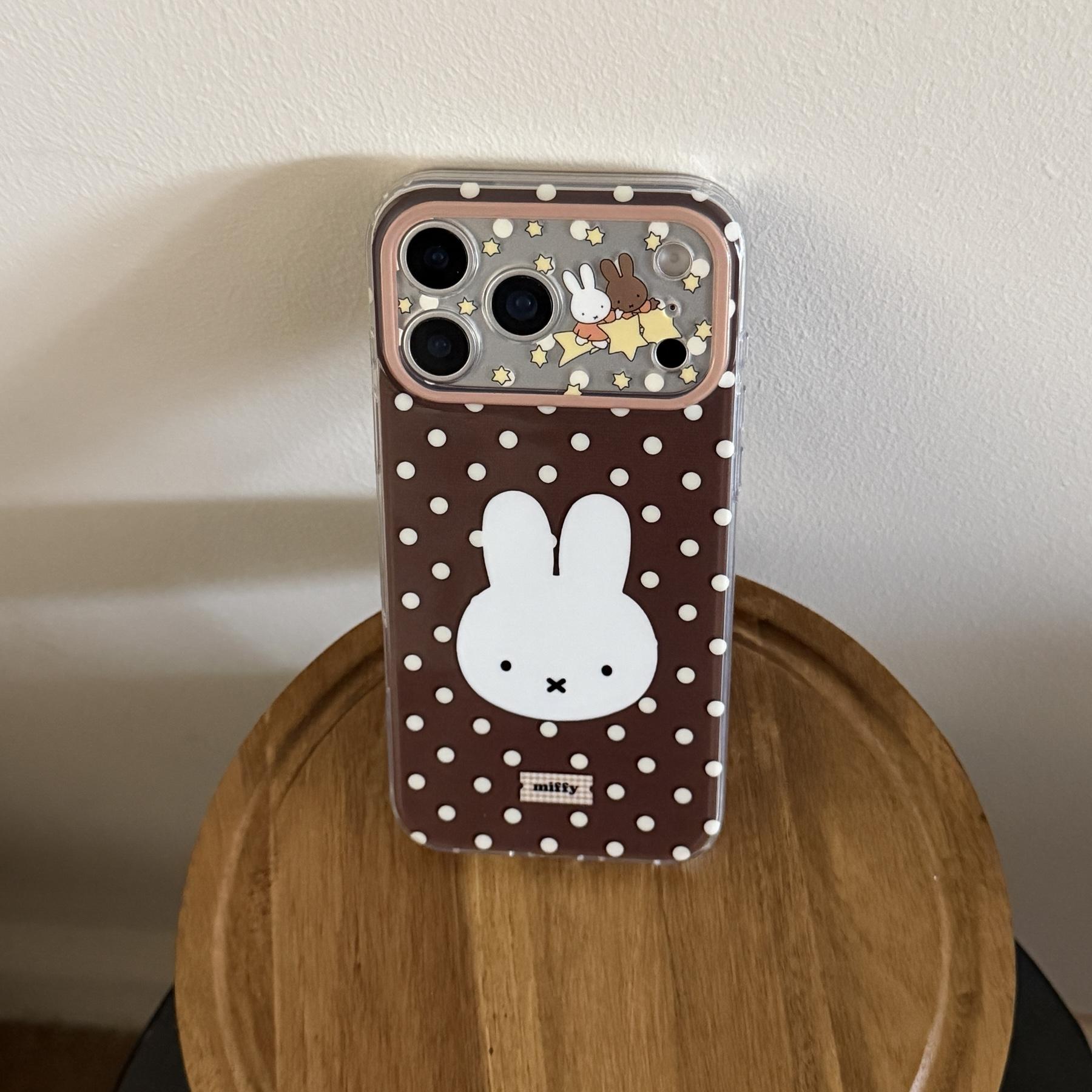 Bottom Polka Dot Miffy Case for Apple iPhone 17 Pro Max, 16 Pro Max, 15 Pro Max, 14 Pro, Creative Fashion Protective Phone Case Cover Accessories Protection Smartphone Casing, Acrylic, Various Iphones, Acrylic Strap, Fingerproof