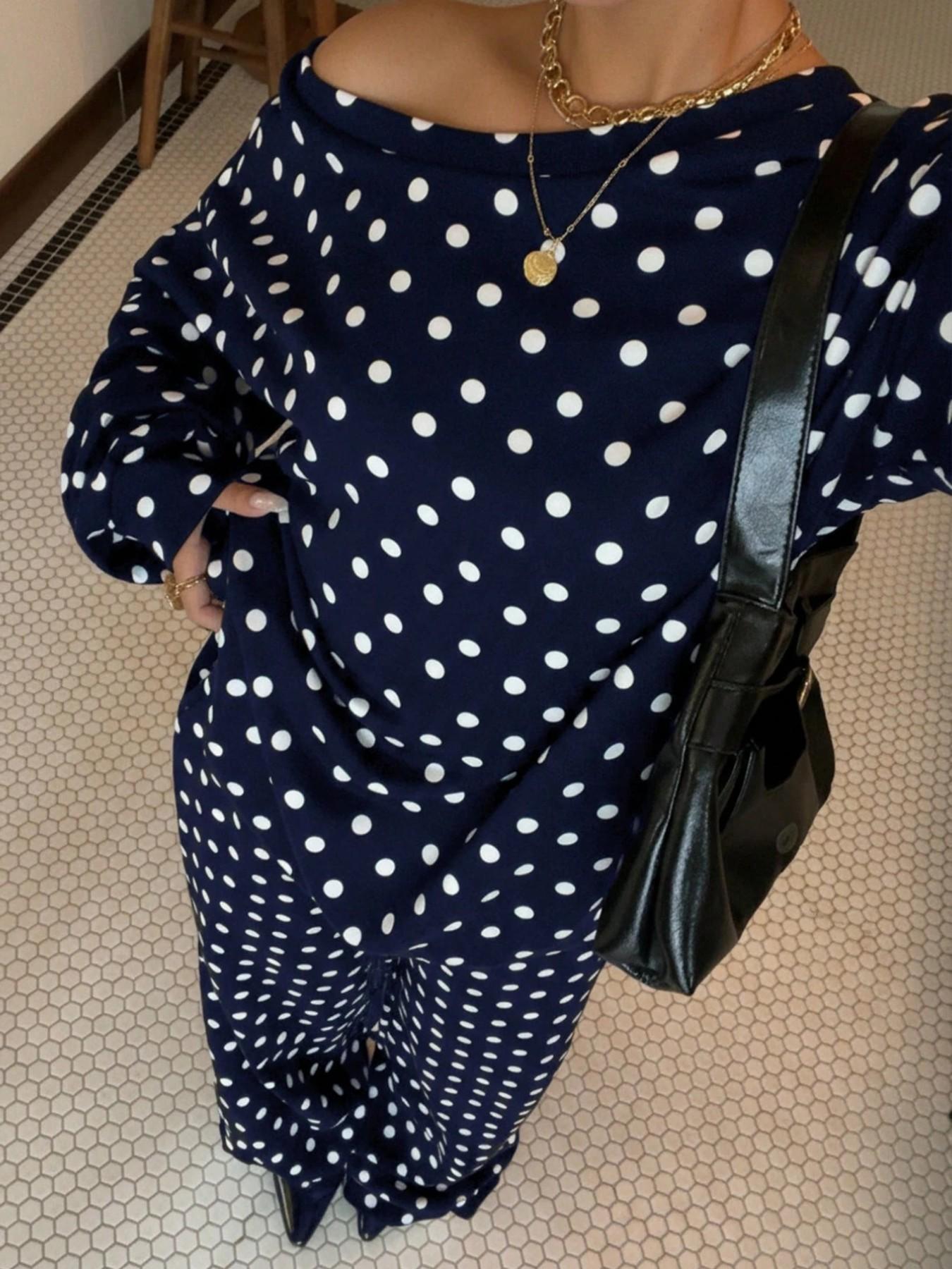 2026 Fall Women Polka Dot 2 Piece Matching, off Shoulder Long Sleeve Top, Adjustable Drawstring Wide Leg Pants, Casual Loungewear Set