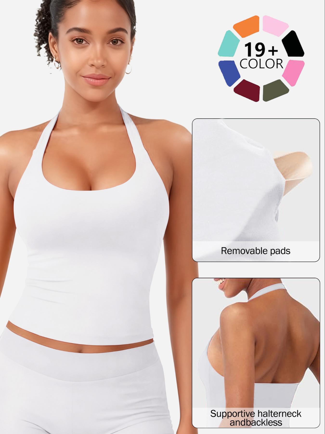 Women's Solid Removable Chest Pad Sports Tank Top, Casual Comfort and Durability Halter Neck Sports Top for Yoga Gym Workout, Ladies Sportswear for All Seasons, Backless Sports Vest, Hollow Back Activewear