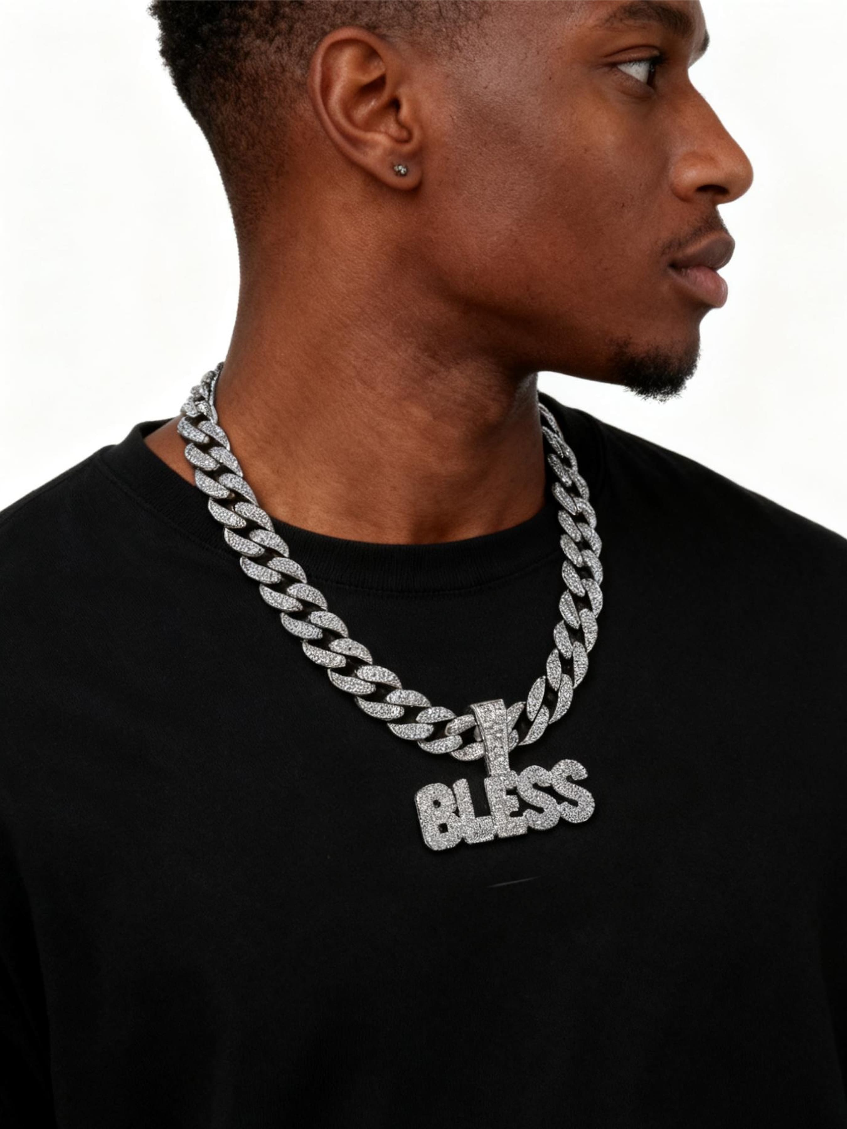 Elegant Zirconia Letter Bless Pendant Necklace, Cuban Link Chain, Unisex Hip-Hop Jewelry, High-End Shiny Accessory, Perfect Gift for Daily & Special Occasions