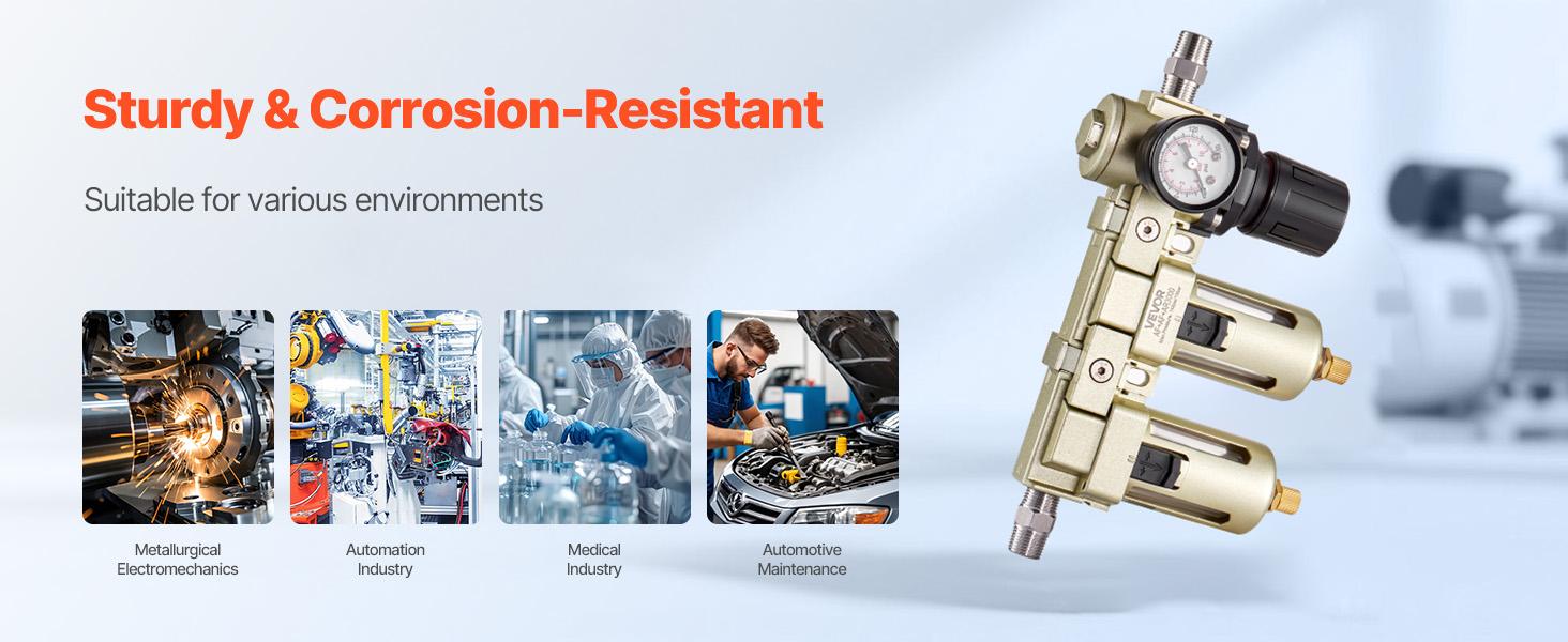 VEVOR Air Compressor Filter Regulator, 3/8 NPT Dual Stage Air-Drying System with 25m+ 5m Brass Filter Element, Semi-Auto Drain Air Compressor Water Separator 145PSI Max Working Pressure, Poly Bowl