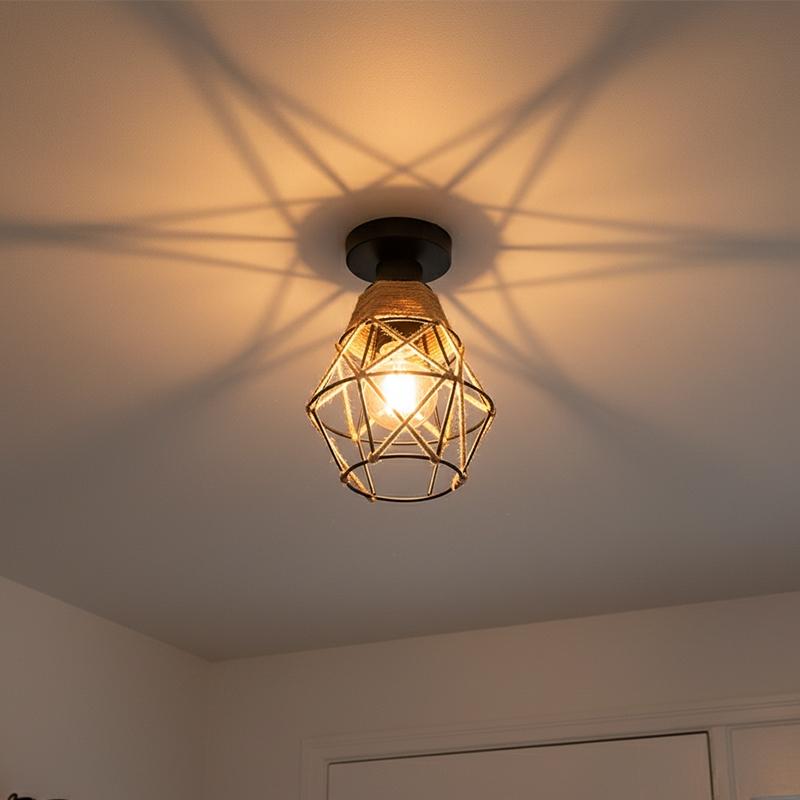 Hemp Rope Ceiling Light, Embedded Ceiling Lamp, E27 Socket, Hardwired, Rustic Metal Fixture, for Entryway, Hallway, Kitchen, Bedroom, Study