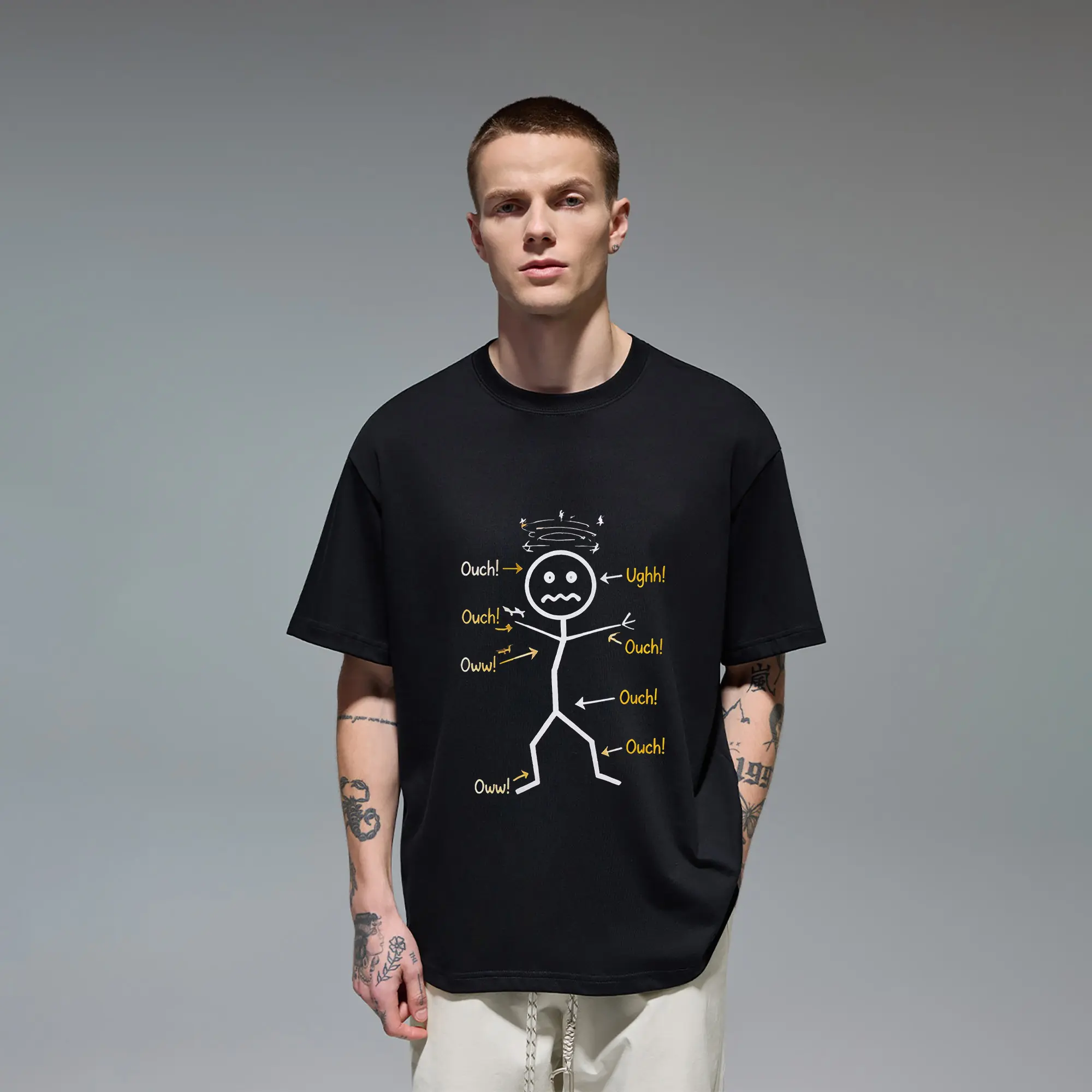 Funny Stick Figure Pain T-Shirt Ouch Ugh Oww Graphic Tee Chronic Illness Fibromyalgia Awareness Novelty Gag Gift for Men Women Getting Older Sarcastic Humor Injury Recovery Joke Everyday Wear Casual Black Top