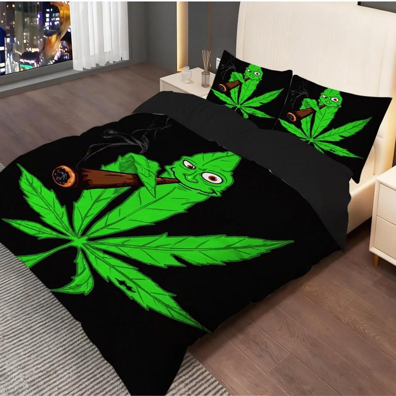 2 or 3 Piece Hemp Leaf Lucky Animal Print Set, Includes 1 Bedspread and 1 or 2 Pillowcases, Soft Bedroom Decor for Kids and Adults