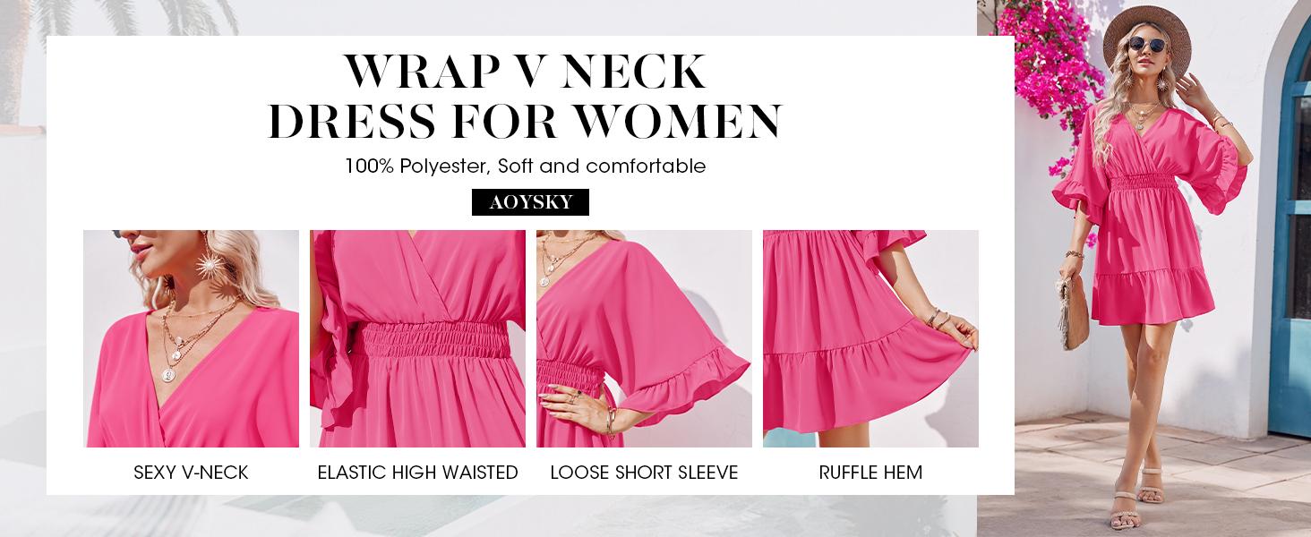 Wenrine Women‘s V Neck Casual Dresses Summer Loose High Waist Ruffle Pleated Cute Mini Short Dress