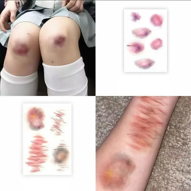 5PCS Lifelike Texture Temporary Bruise & Scar Tattoo Stickers - Waterproof, Gradient Print, Sensitive Safe, Fake Abrasion Knife Wound Special Effects Makeup Decals for Halloween Cosplay (Soak & Press Application), Water Proof
