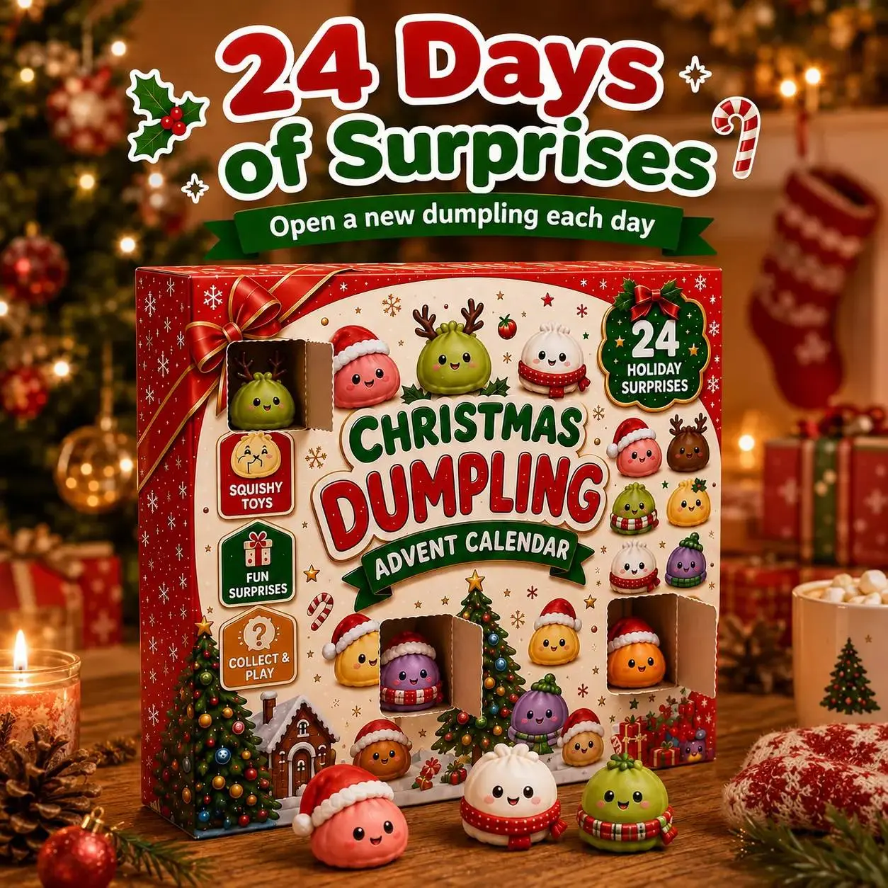 Christmas Squishies Advent Calendar 2026, 24 Day Dumpling Squishy Countdown Box, Mini Squeeze Toys with Multiple Style Options for Stocking Stuffers, Party Favors (Festive Dumpling Collection),sohochic
