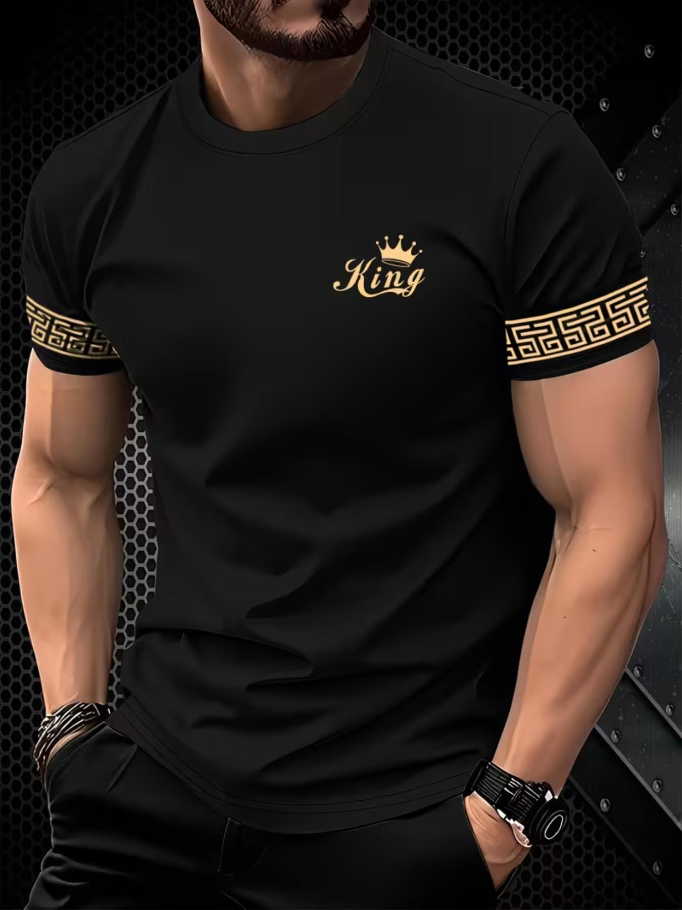 Men's Gold Casual T-Shirt, King Crown & Arm Pattern, Luxury Style, Comfortable for Home/leisure, Slim-Fitting, All over Print