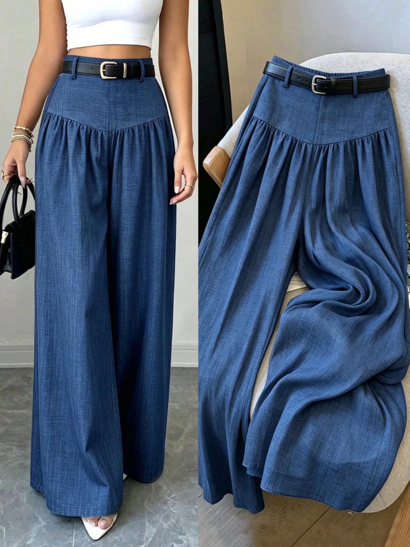 High-Waisted Pleated Denim Wide Leg Pants for Women, Includes Belt, Lightweight Casual Suit Pants, Trendy and Comfortable, Bottoms