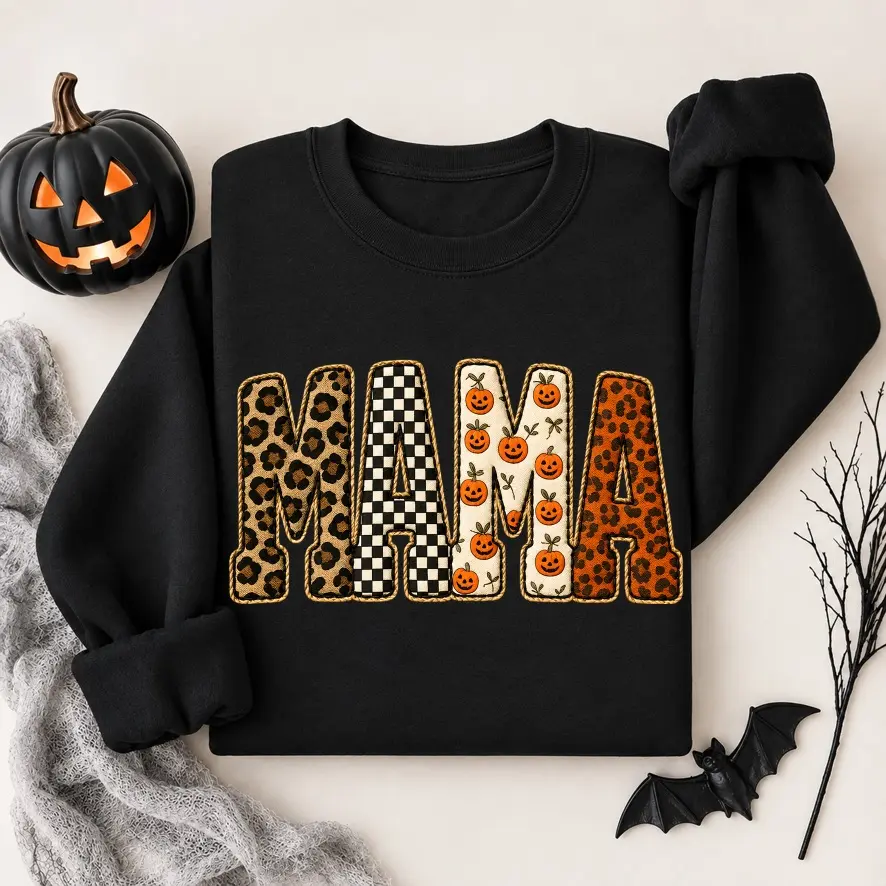 Women’s Halloween Patchwork Mama Faux Embroidery Graphic Sweatshirt, Crewneck Long Sleeve Pullover, Cozy Vintage Fall Top For Spooky Season, Parties, Daily Wear & Holiday Gifts