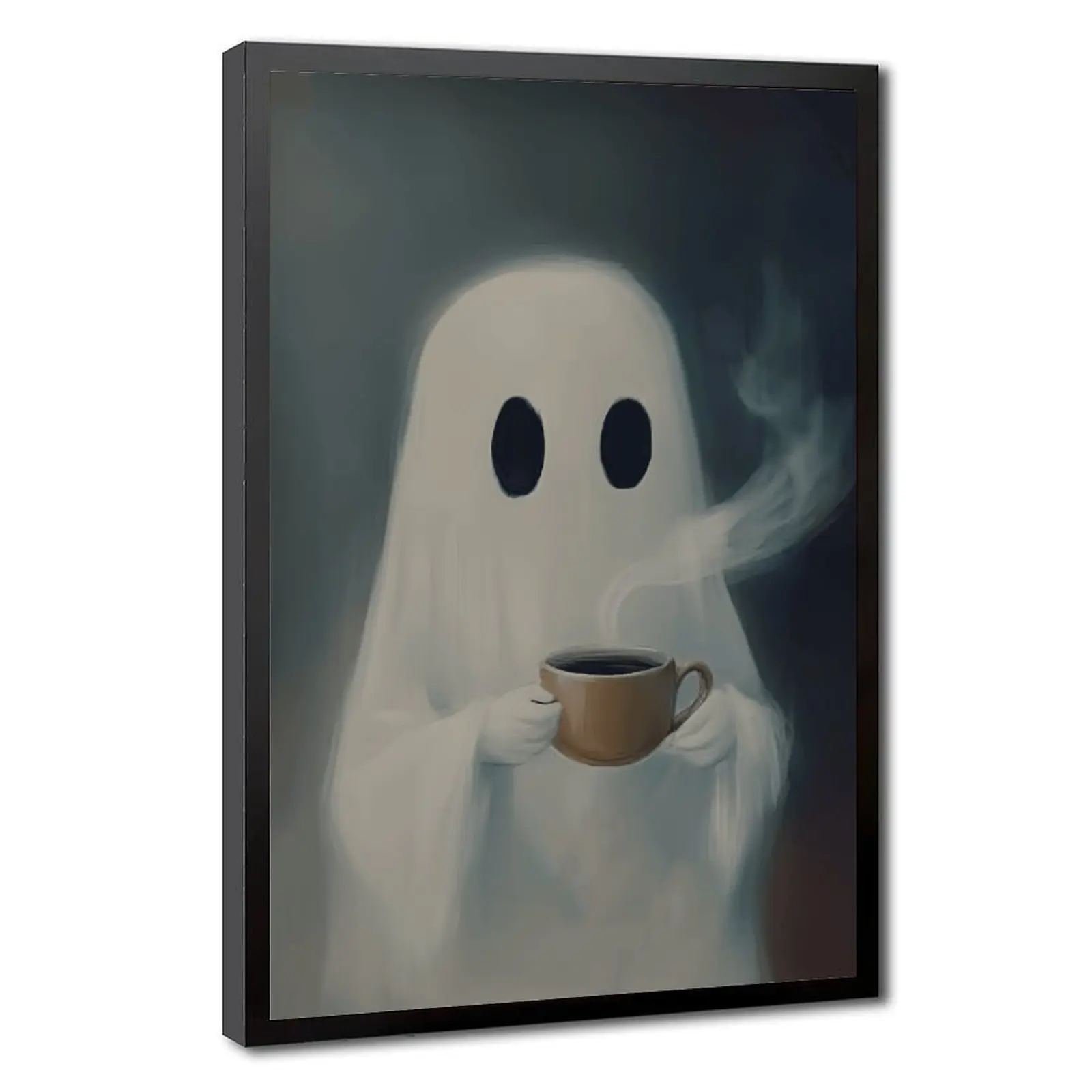 Vintage Ghost Coffee Drinking Art Print - Eco-Friendly Wood Framed Vintage Wall Art, Dark Academia Gothic Home Decor, UV Protected Multi-Size (20x30inch(50x75cm),24x36 inches) Poster for Home
