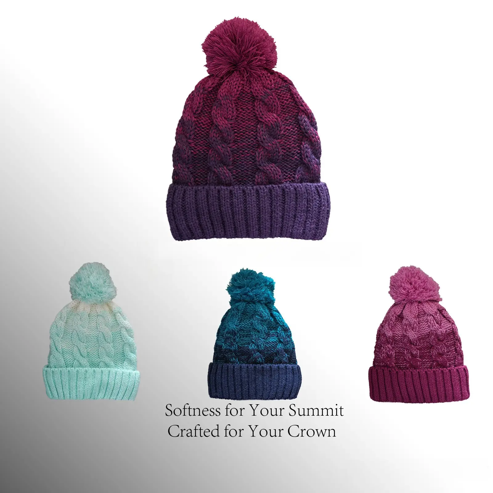 Trendy Gradient Ombre Knit Beanie with Pom Pom Winter Warm Fleece Lined Skull Cap Korean Style Chunky Cable Knit Hat Windproof Cap for Outdoor Skiing