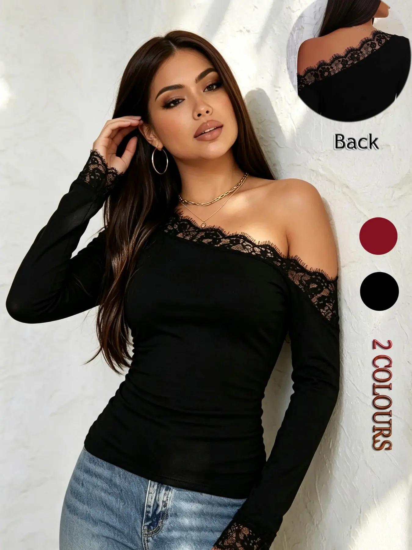 Autumn Winter Asymmetrical Shoulder Lace Long Sleeve Sexy Top, European Style Off-Shoulder Ruffle, Versatile for Office and Dates