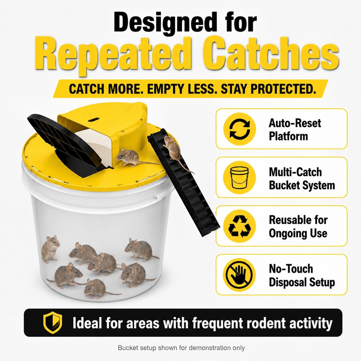 4PCS Flip N Slide Bucket Lid Mouse Trap Kit, Reusable Auto-Reset Multi-Catch Climb & Repeat Rat & Mouse Trap with Ramp, Durable ABS Indoor Outdoor Pest Control, No-Touch Rodent Catcher for Home Garage Kitchen Basement Yard, Bucket Not Included