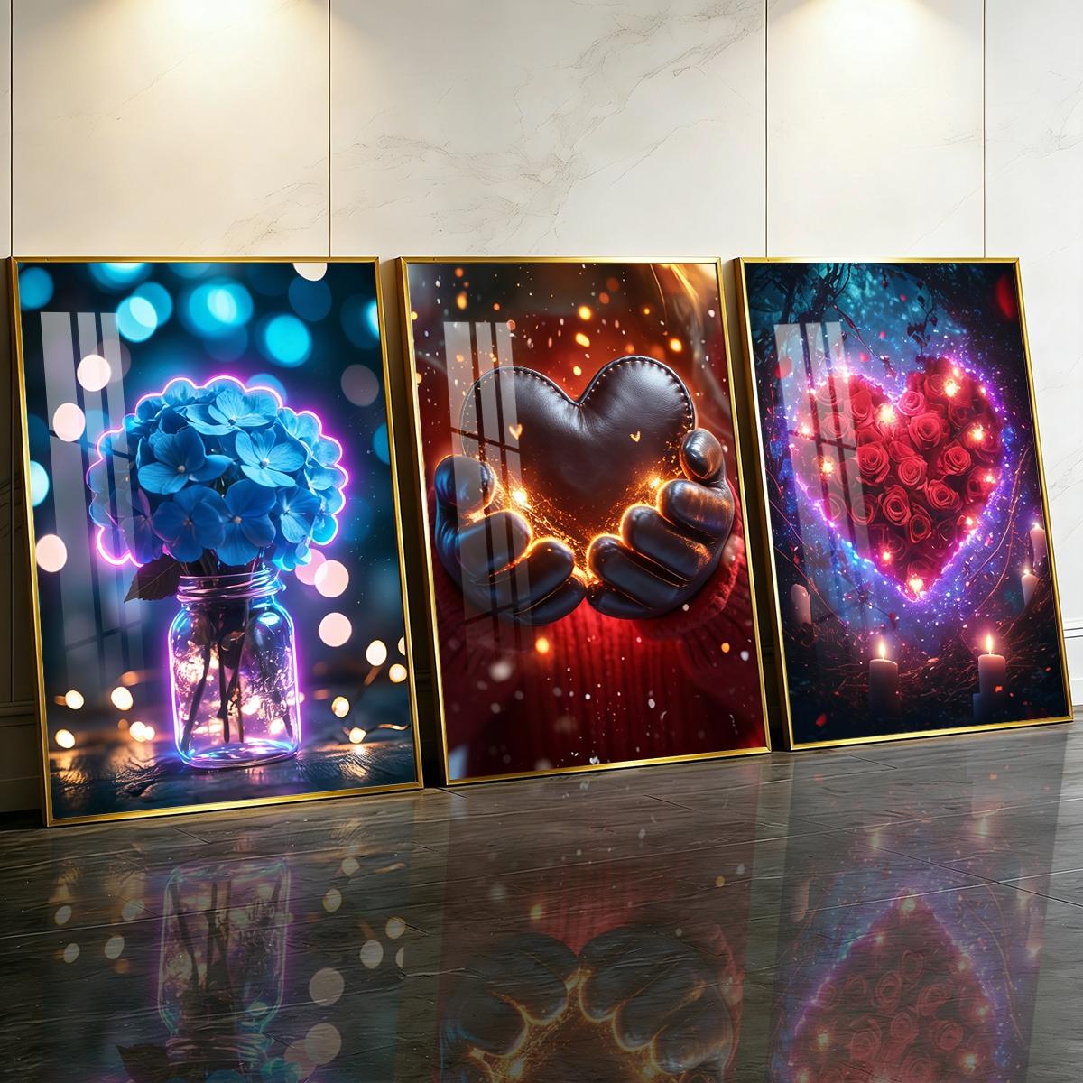 3 Counts Aluminum Alloy Framed Painting, Romantic Roses Hearts And Flowers Pictures, Home Decoration For Living Room, Bedroom, Office, Restaurant, Hallway Wall Decor, Odorless Print Artwork, Luxury Perfect Gift For Friends And Family