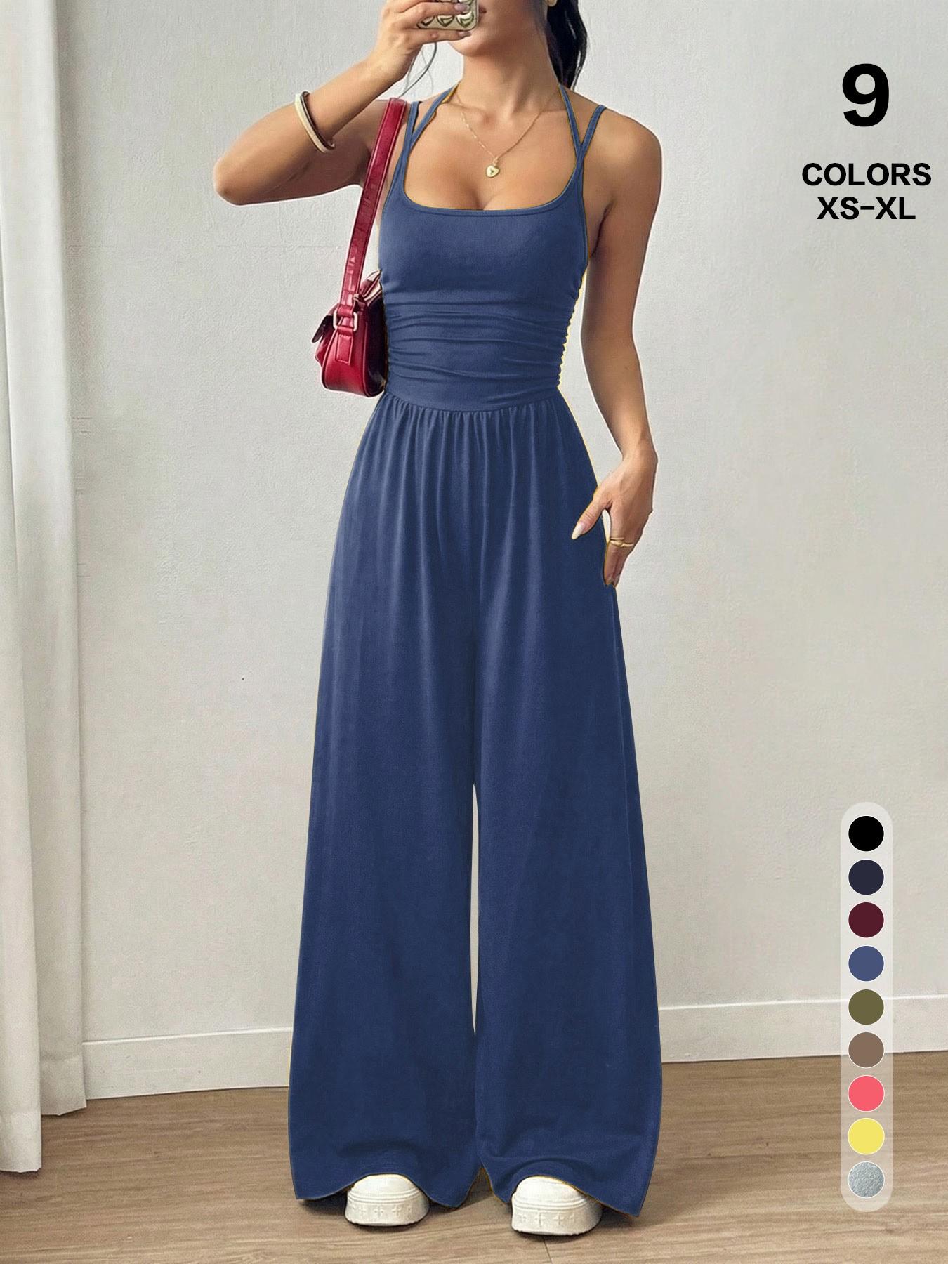 Lightweight Casual Everyday Jumpsuit, Slim Ruched Top & Wide Leg Bottom, Dual Purpose Sleepwear & Outerwear, Loose-Fitting Plain Basic Style, Minimalist, Casual Summer Jumpsuits