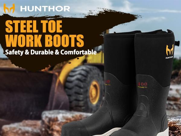 Rubber Work Boots for Men with Steel Toe, 1100N Puncture-Proof Hunting Boots with 7mm Neoprene Waterproof and EVA Midsole, Adjustable Back Gusset, Ideal for Hunting, Work, and Farming Footwear