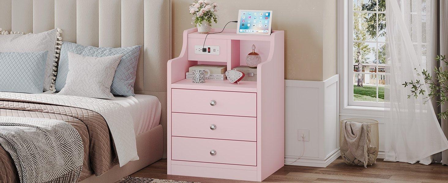 Sikaic Nightstand with Charging Station Storage Drawers Pink Bedroom Table Modern Dressing Table Bedside Cabinet