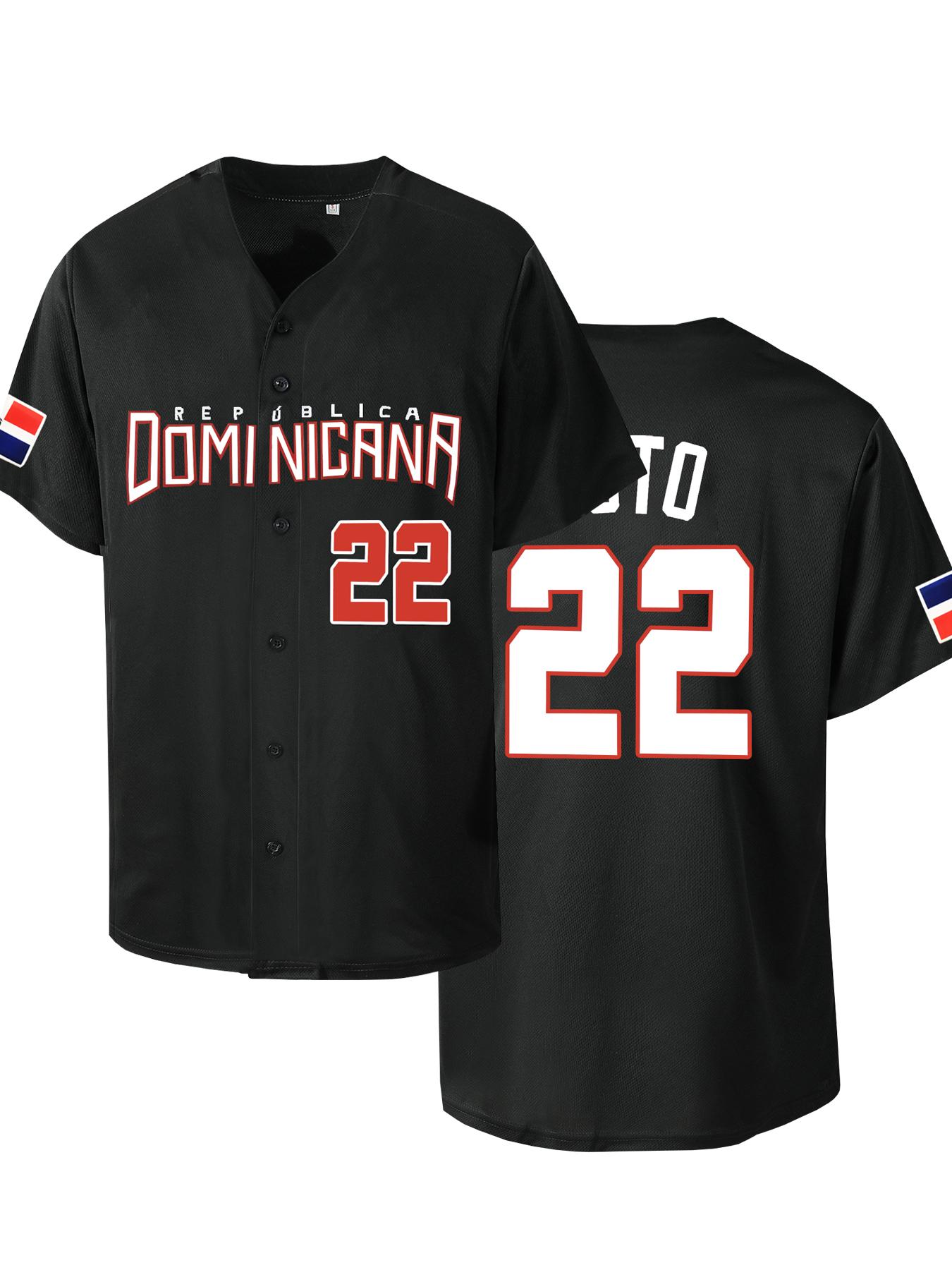 Men's Letter & Number Stitched Button Front Baseball Jersey, Stylish Jersey, Casual Loose Short Sleeve V Neck DOMINICANA 22 Baseball Top for Fall & Winter, Baseball Christmas Gifts, Apparel Jersey