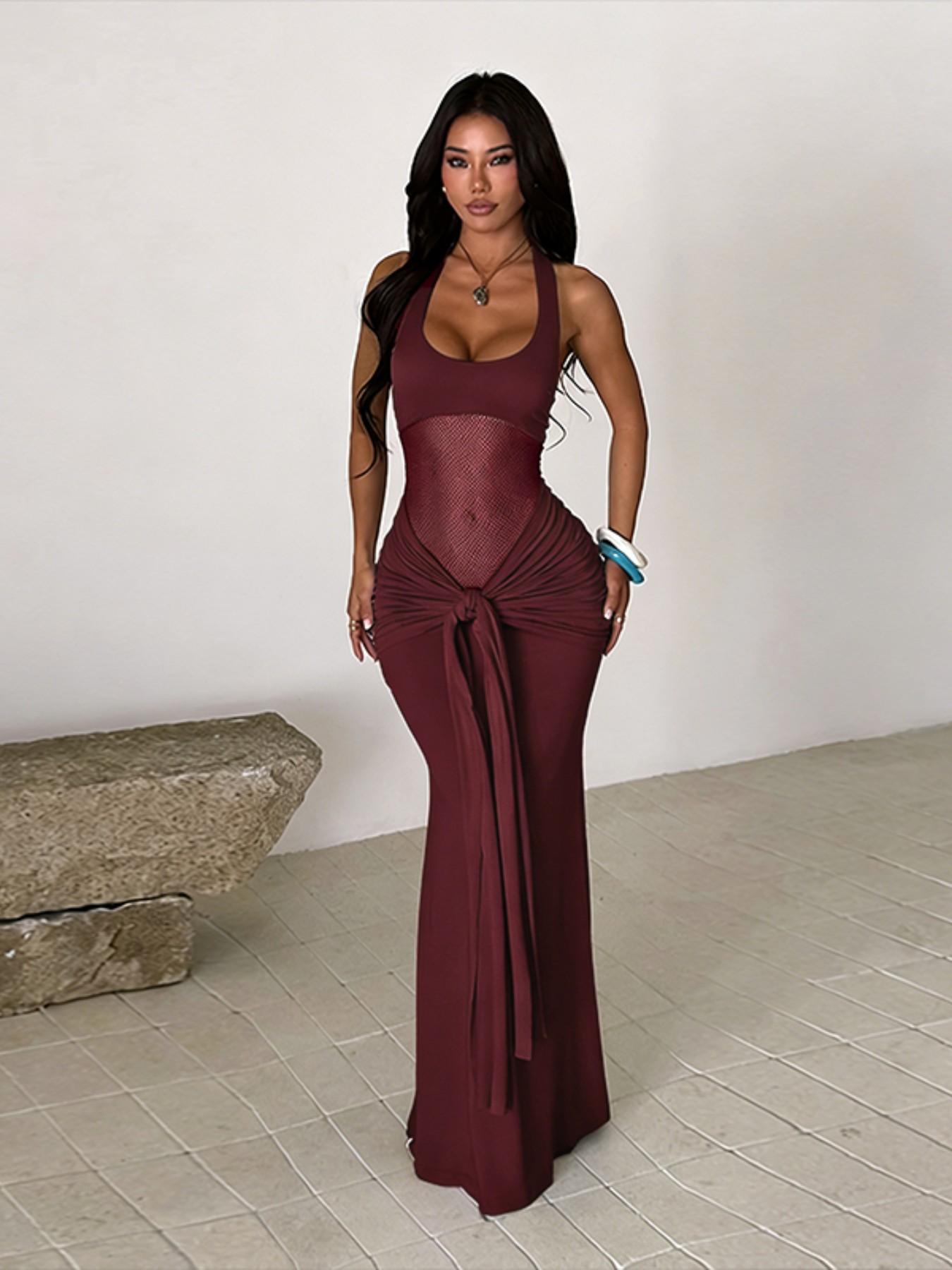 Women's Halter Neck Tie Dress, Elegant Evening Gown, Evening Party Dresses, Formal Wear, Perfect for Parties & Special Occasions, Stylish & Comfortable Design