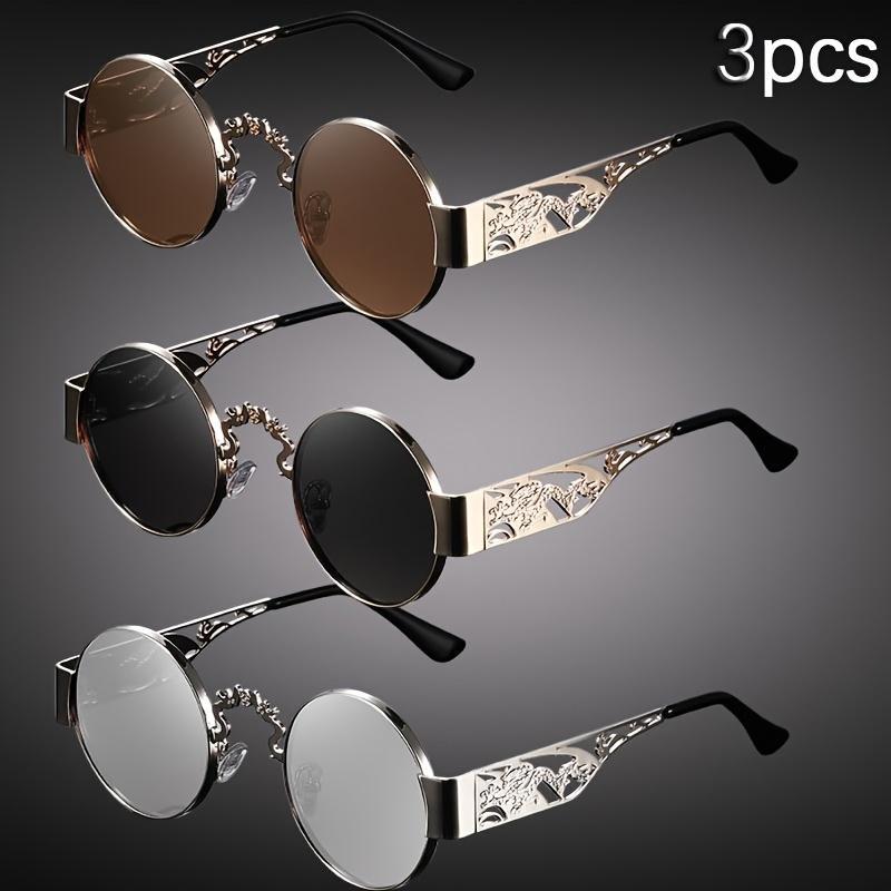 Unisex Double Dragon Hollow Metal Sunglasses, 3-Pair Vintage Set with Printed Temples, Lightweight Comfortable Eyewear for Casual Wear