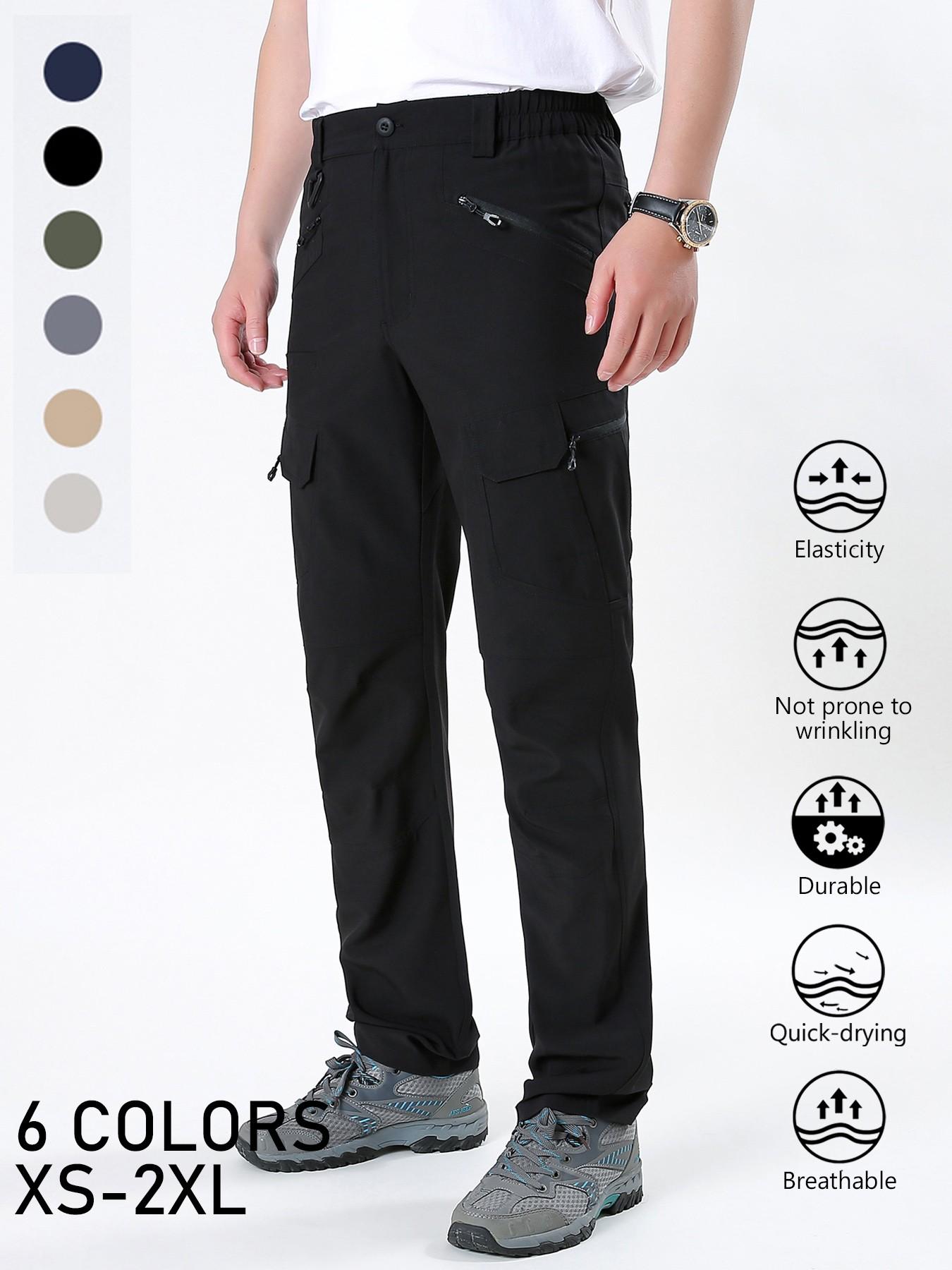 Men's Solid Color, Plain Cargo Quick Dry Hiking Pants, Elastic Waist Breathable Stretch Outdoor Trekking Trousers, Wrinkle‑Resistant Durable Work Pants with Multi Zipper Pockets for Mountaineering Fishing Camping Daily Wear, 6 Colors