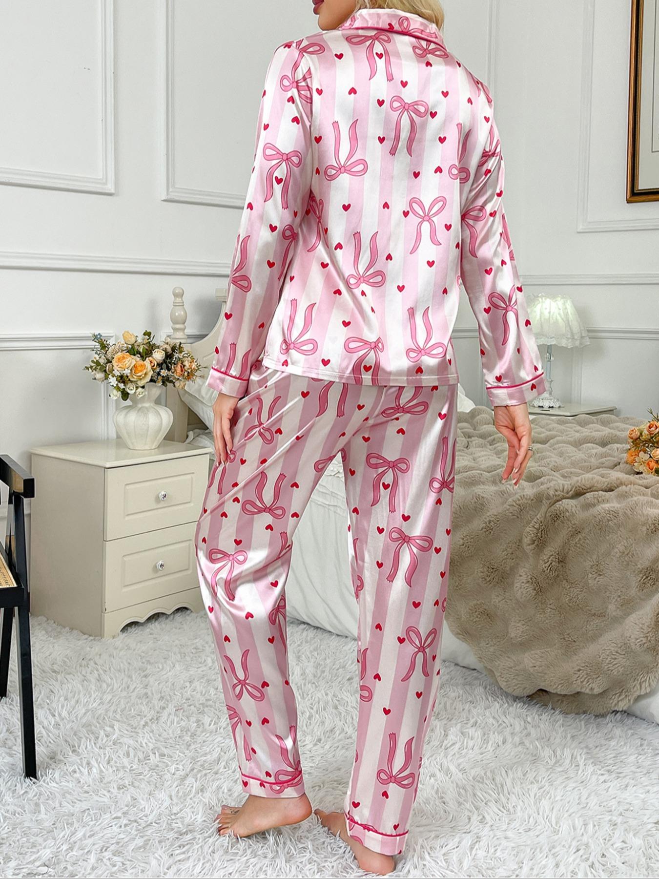 Striped Bow Print Satin Long Sleeve Pajama Set, Comfortable Sleepwear for Women, Stylish Nightwear, Perfect for Relaxing at Home