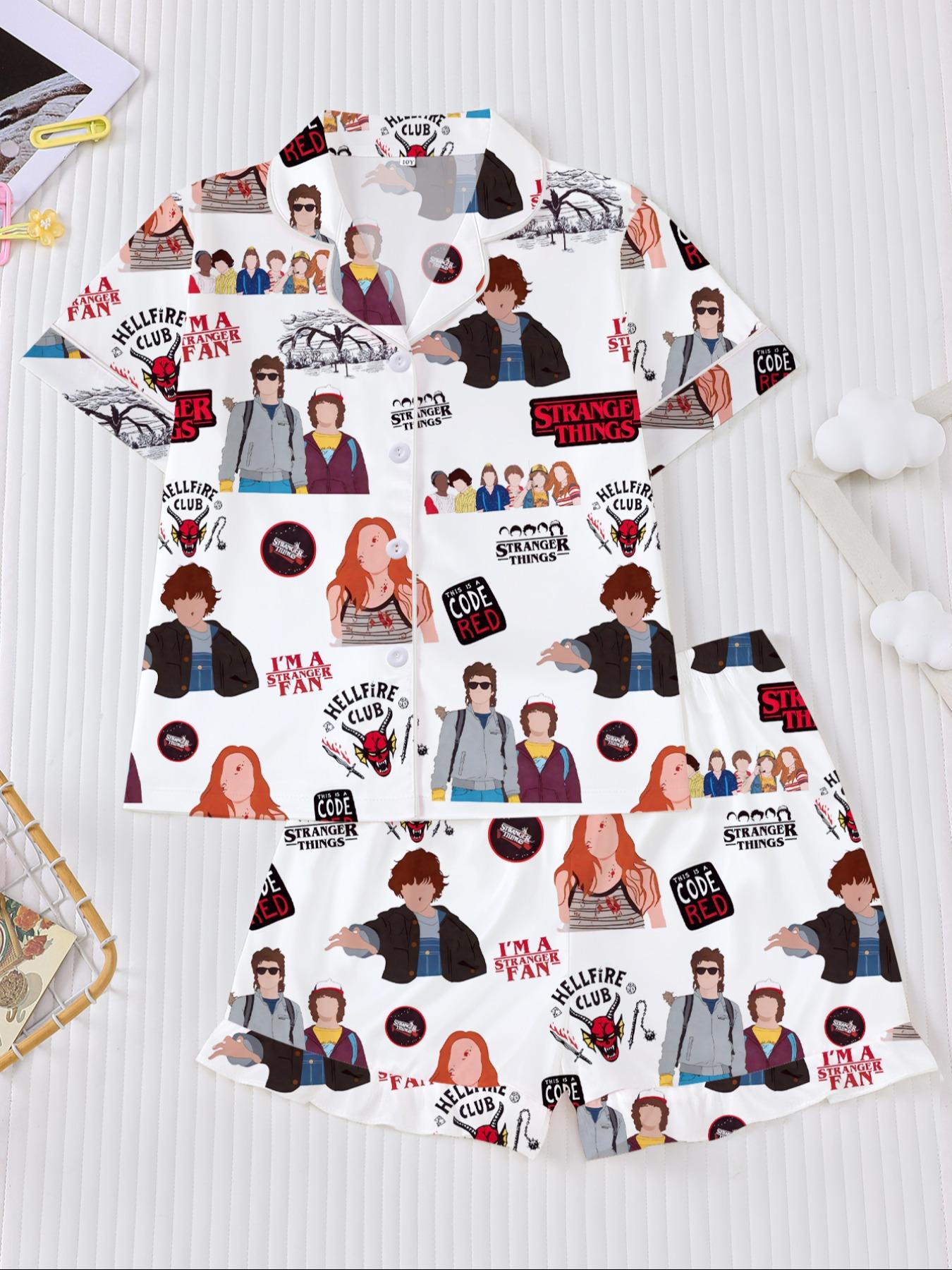 Stranger Things Cartoon Print Pajama Set for Kids, Casual Comfy Pajama - Summer Short Sleeve Home Wear 2-Piece Set, Flame-Retardant Turn-Down Collar Shirt and Loose Elastic Waist Shorts Set