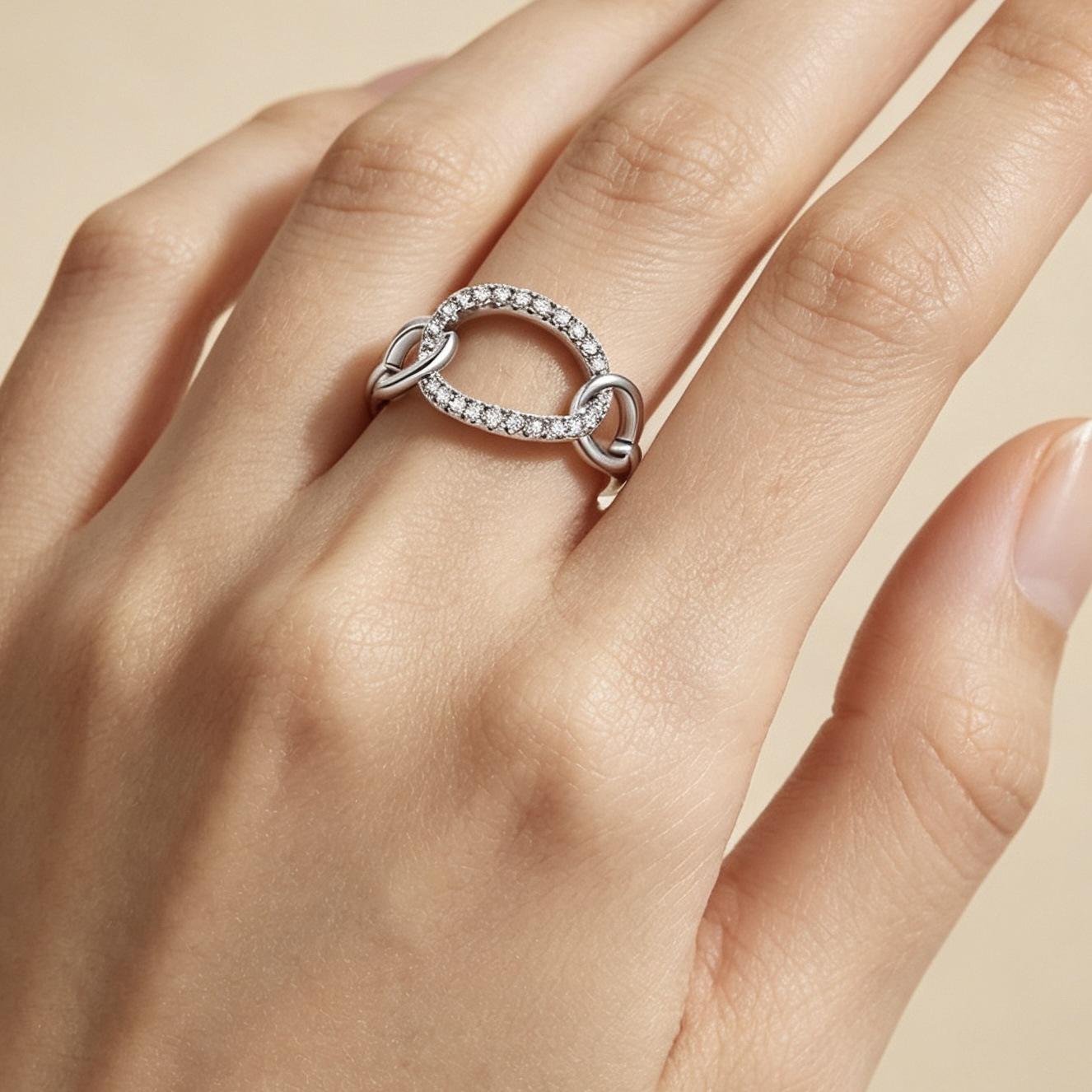 Women's Silver-Plated Copper Open Ring - Interlocking Chain Link, Adjustable, Pave Cubic Zirconia Band with Metal Coating for Daily Wear & Valentine’s Gifting (Indoor Recreation Accessory)