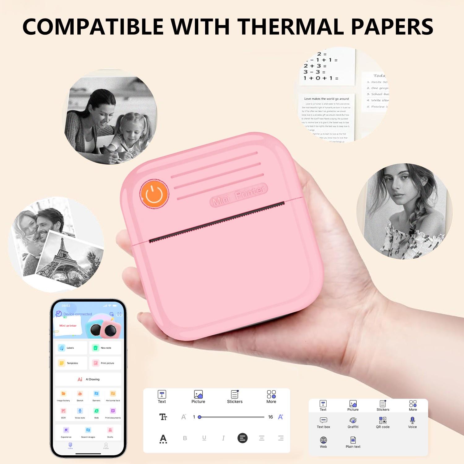 Mini Bluetooth-compatible Compatible Thermal Pocket Printer, Inkless Portable Printer, Ideal for Notes and Gifts, Print Photos, Memos, Lists, Diaries