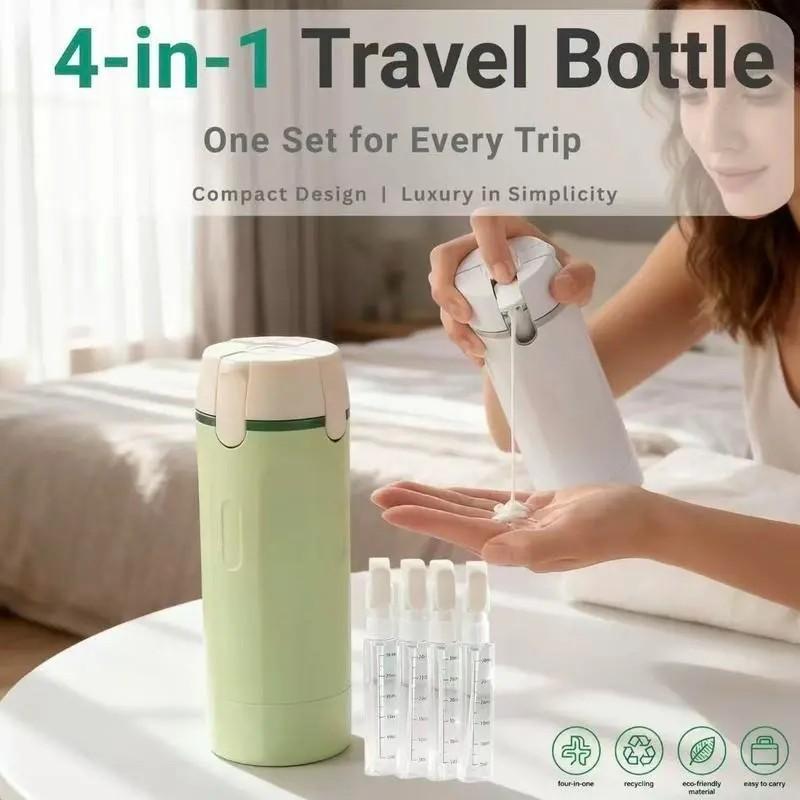 Four-In-One Travel Dispenser Bottle, Portable Cosmetic Shampoo Lotion Container, Compact Plastic Holder, Easy-Press Smooth Dispensing
