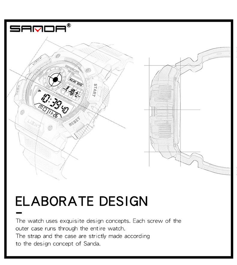 Sanda Fashion Waterproof Digital Watch for Youth, Dual Time, Stopwatch, Alarm, Luminous, Week Date, 12/24h, Casual Style, All Seasons