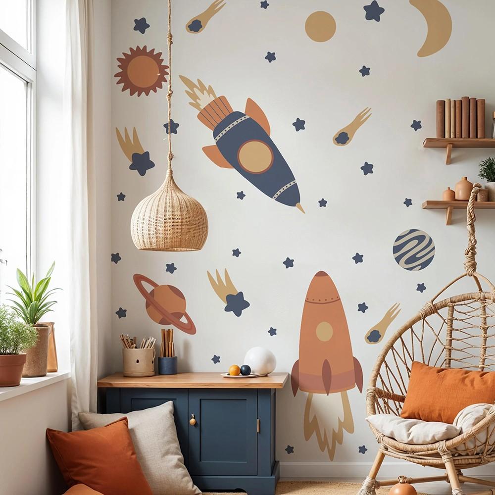Cartoon Space Rocket Planet Wall Sticker, Galaxy Star Wall Decal, Perfect for Bedroom, Game Room, Living Room Home Decor