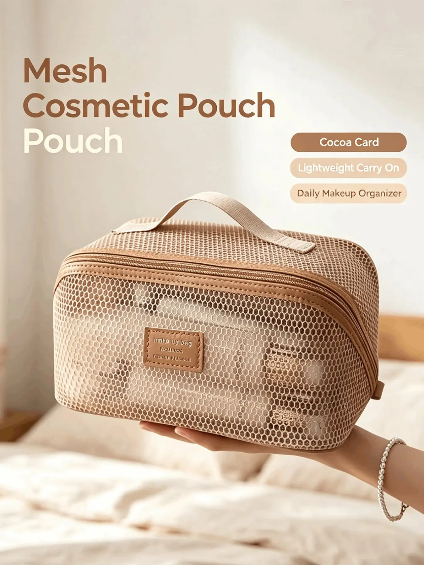 Breathable Mesh Cosmetic Storage Bag, Multi-Pocket Makeup Pouch, Portable Travel Organizer, Ideal for Vacation and Fitness