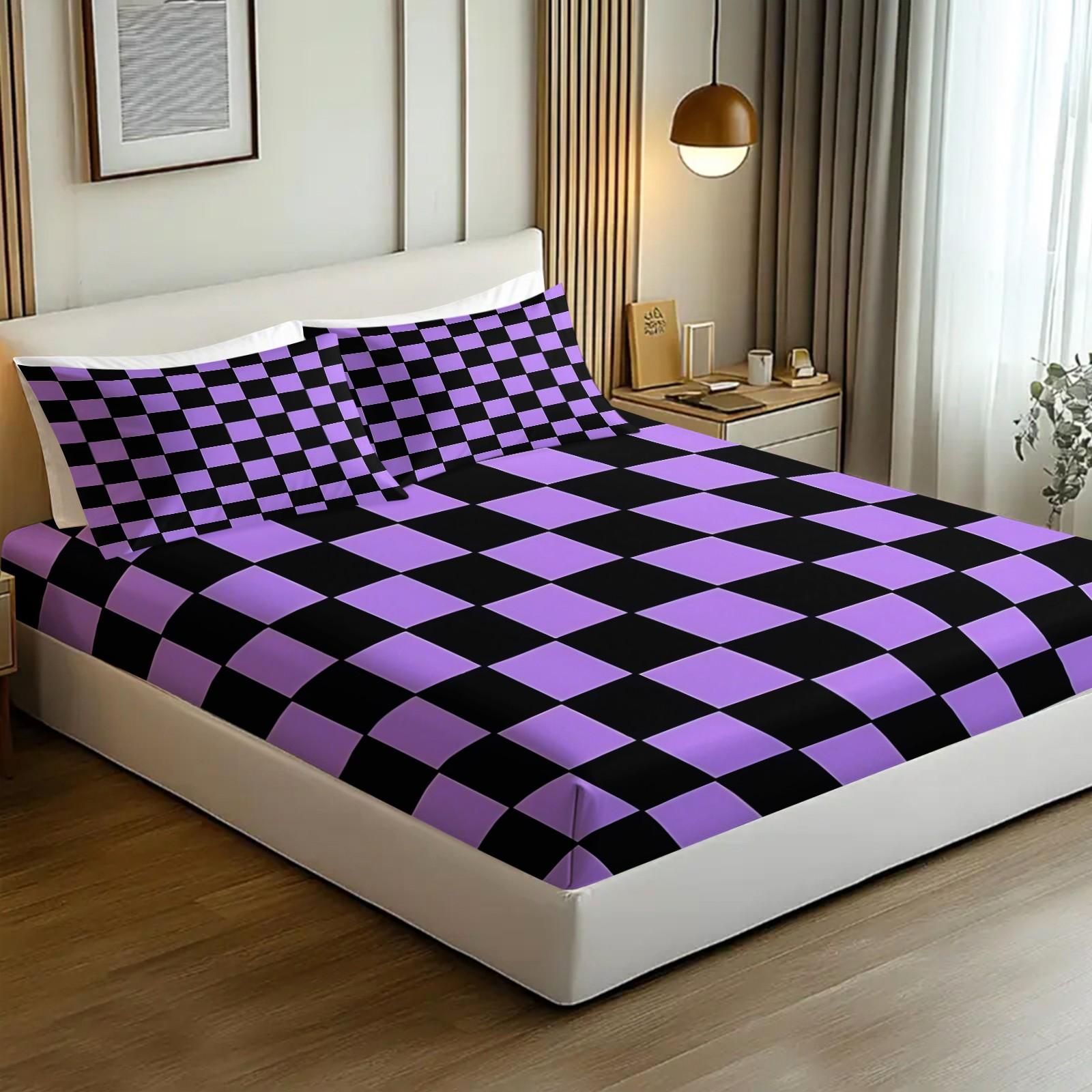 3 Pcs Geometric Plaid Print Fitted Sheet Set, Modern Minimalist Bedding Set, Soft Breathable Microfiber with HD Digital Print, Deep Pocket & Wrinkle Resistant, Ideal for Bedroom, Dorm, Guest Room, All Season Use