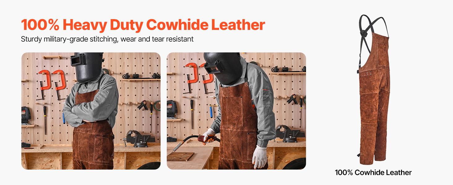VEVOR M-Size Split Leg Adjustable Plain Cowhide Welding Apron, Heavy Duty Flame-Resistant Full Cover Safety Apron for Men, Heat-Resistant with Cross Straps, 2 Leather Hanging Loops, 3 Tool Pockets (Woodworking, Blacksmithing), Split Legs, Sleeveless