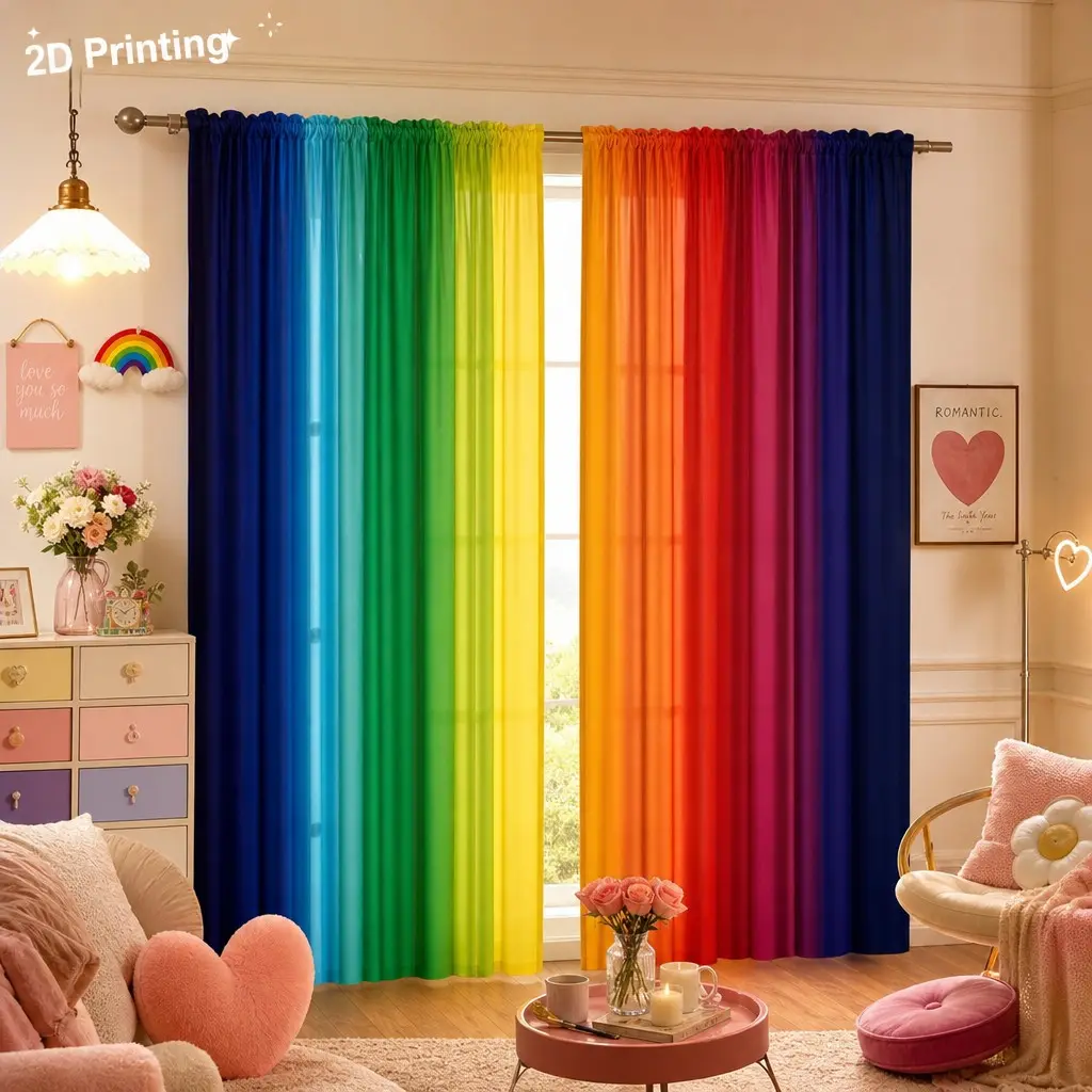 2-piece rainbow gradient digital printed curtain set, Window Drapes, Easy Install, Home Decoration, made of semi transparent polyester fiber, with pole bag design and machine washable material, suitable for home decoration