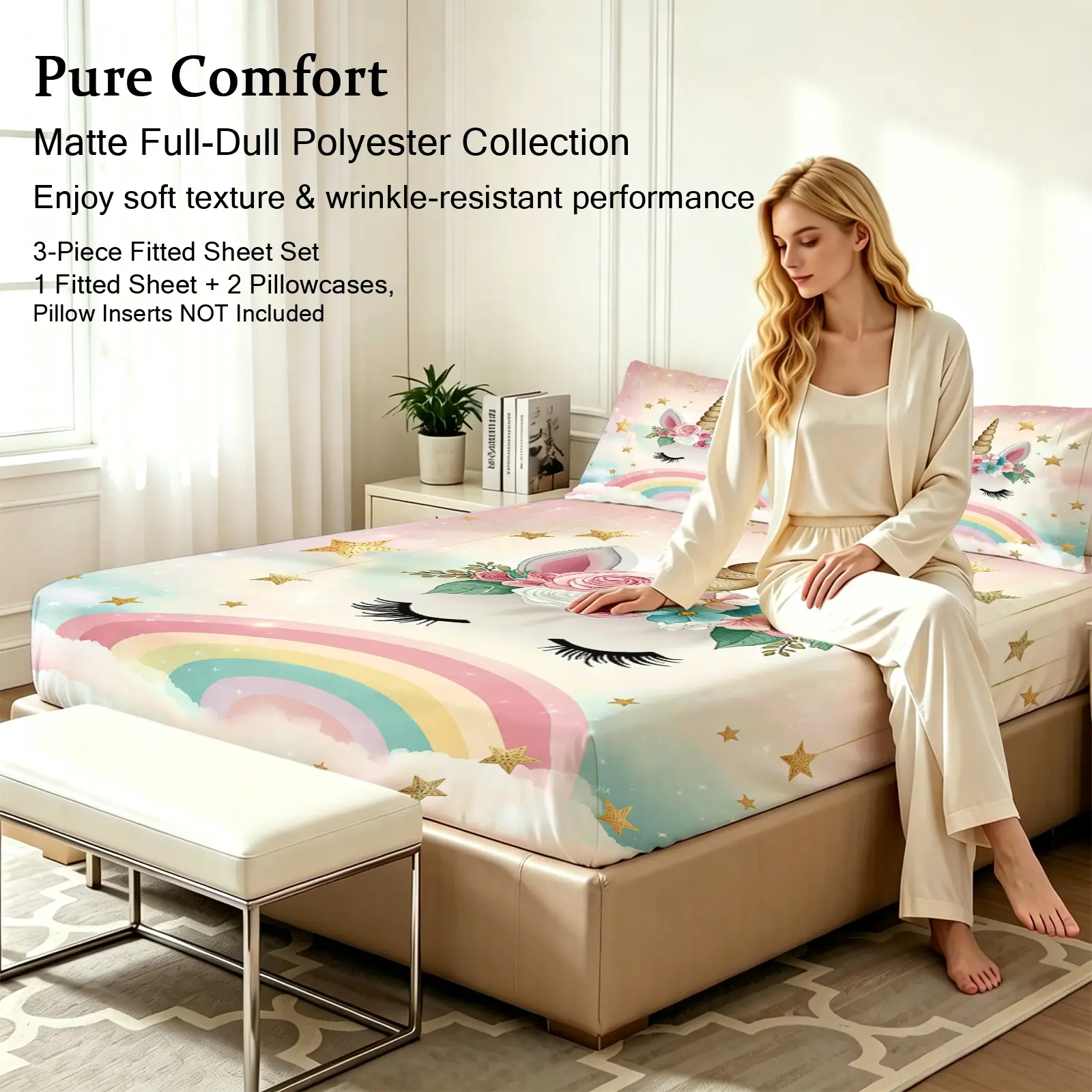 3pcs Fitted sheet Rainbow Star Pattern Soft Microfiber Bedding Set, Wrinkle Resistant Fade Proof Breathable Comfortable Bed Sheet Set with 2 Pillowcases, Fits Twin Full Queen King Size, Ideal for Bedroom Hotel Dorm Home Use